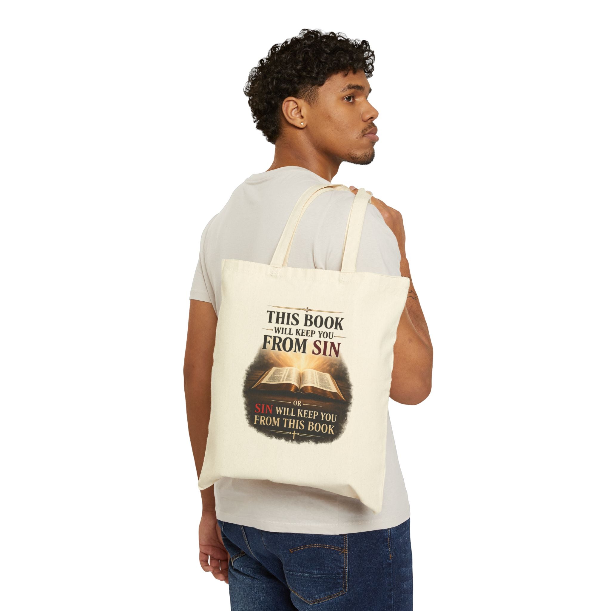 Tote Bag — "This Book Will Keep You From Sin" Inspirational Bible Quote Canvas Tote