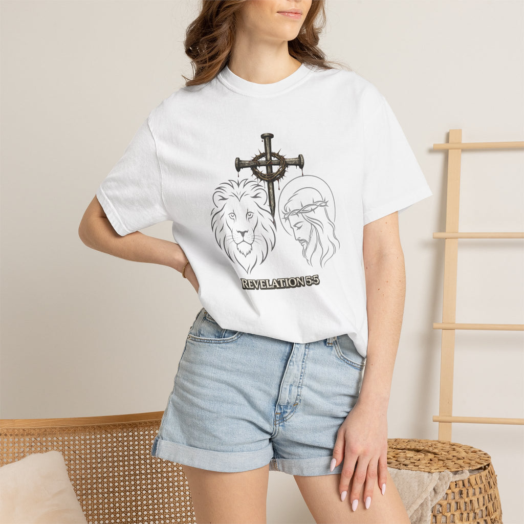 Christian Lion & Cross T-Shirt — 'Revelation 5' Faith Graphic Tee