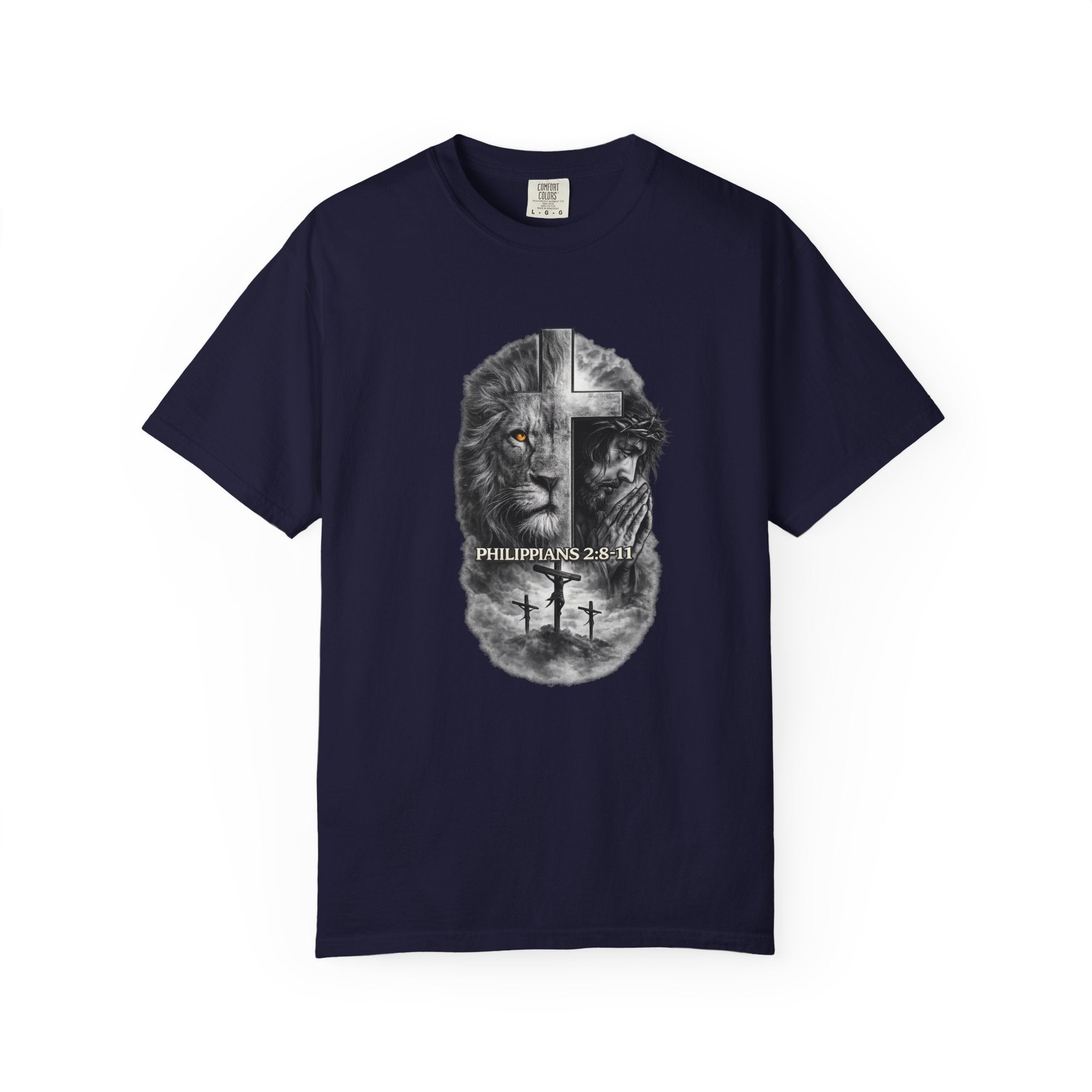 Christian Lion Cross T-Shirt — Philippians 2:8 Faith Graphic Tee