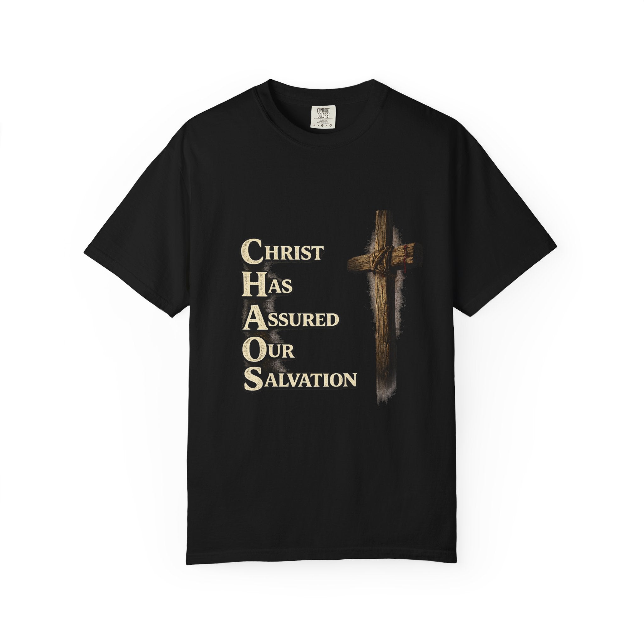 Christian Cross T‑Shirt — "CHAOS: Christ Has Assured Our Salvation" Faith Tee