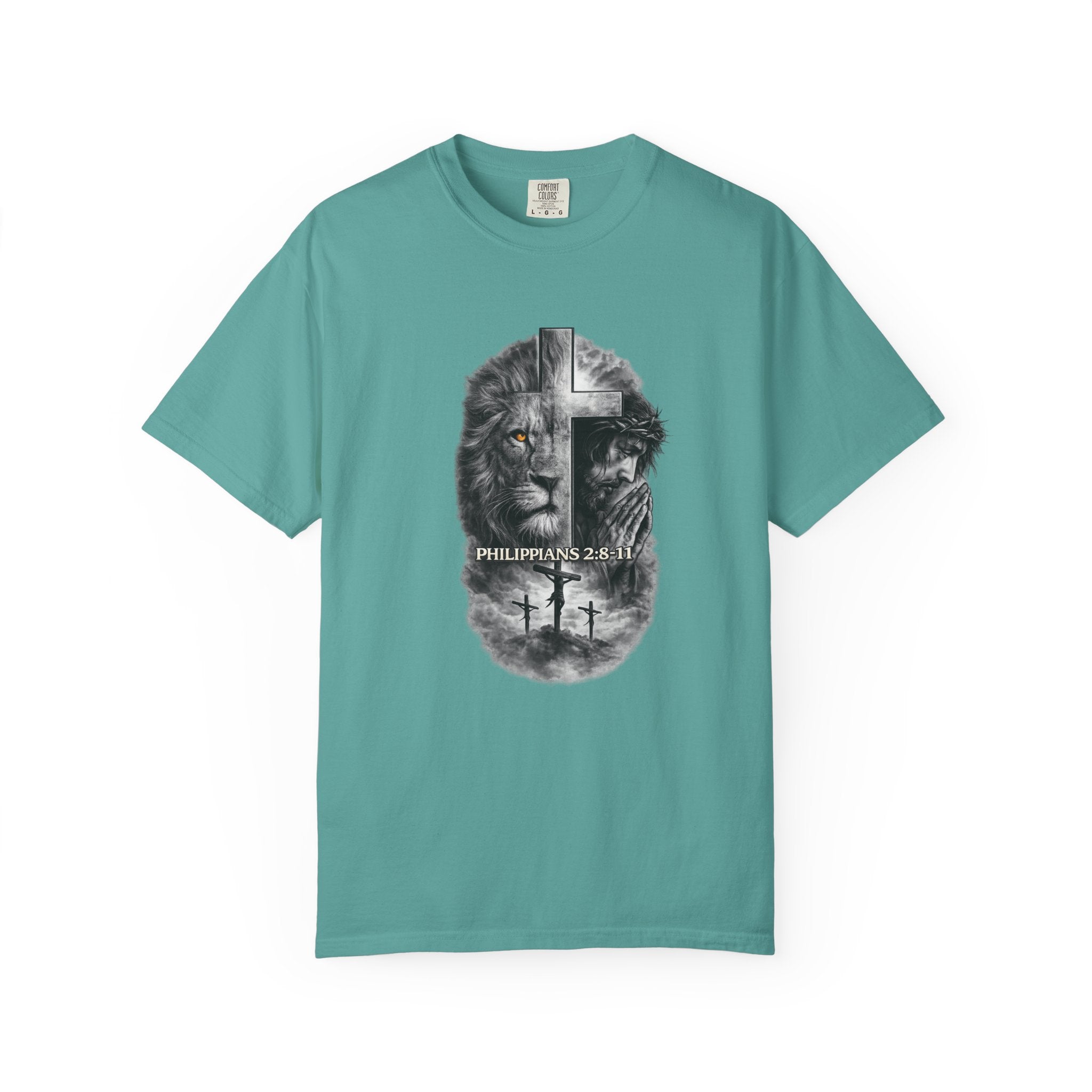 Christian Lion Cross T-Shirt — Philippians 2:8 Faith Graphic Tee