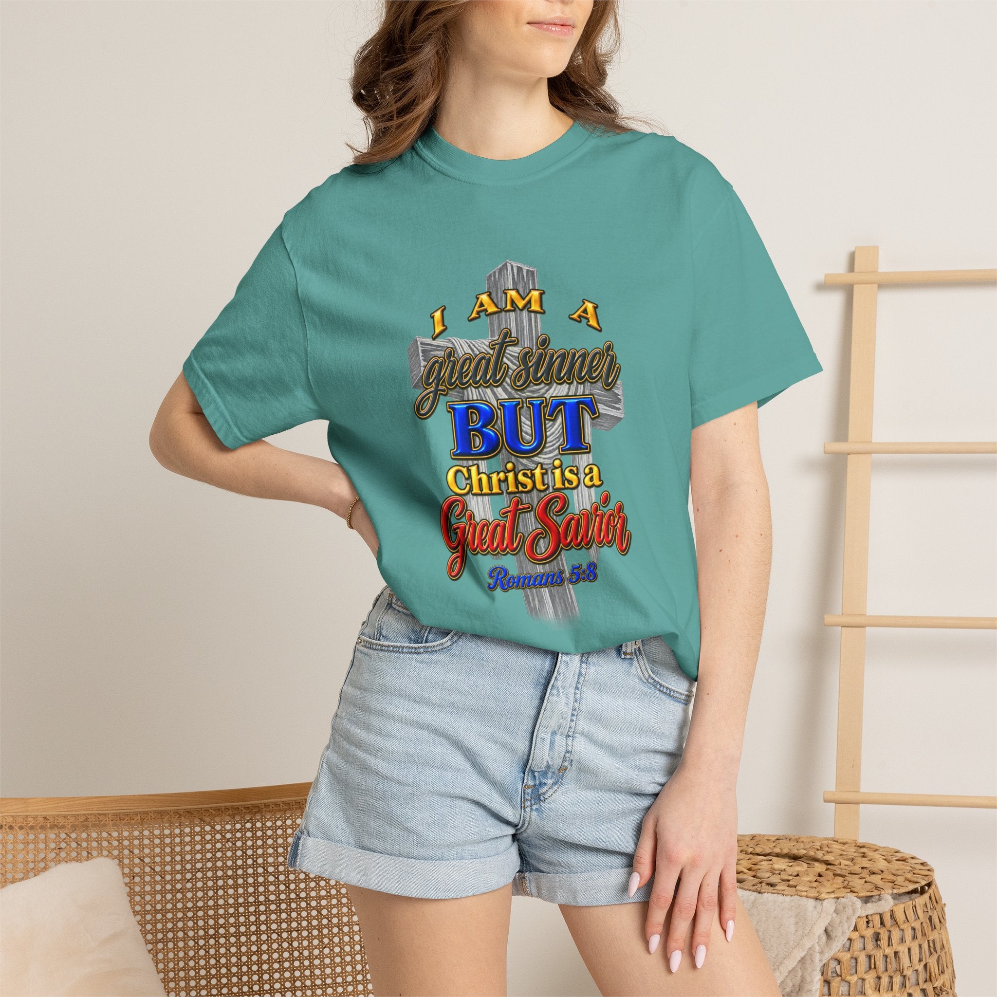Christian Graphic T-Shirt — "I Am A Great Sinner But Christ Is A Great Savior" (Full Armor of God)