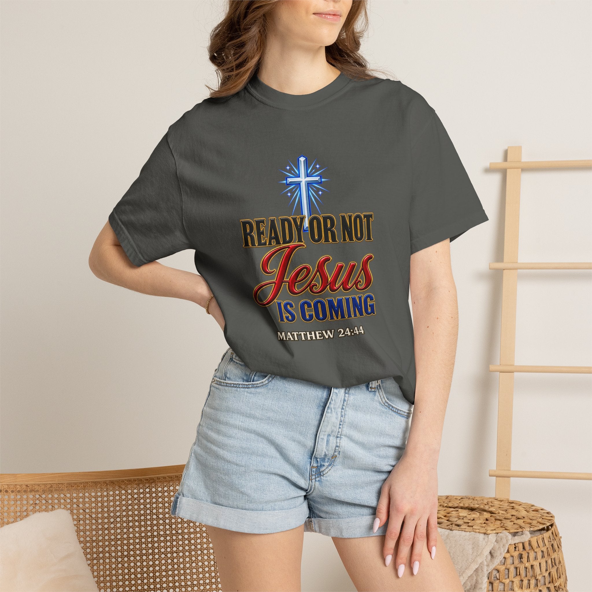 Christian T-Shirt — "Ready or Not Jesus Is Coming" Bible Verse Tee (Matthew 24:44)