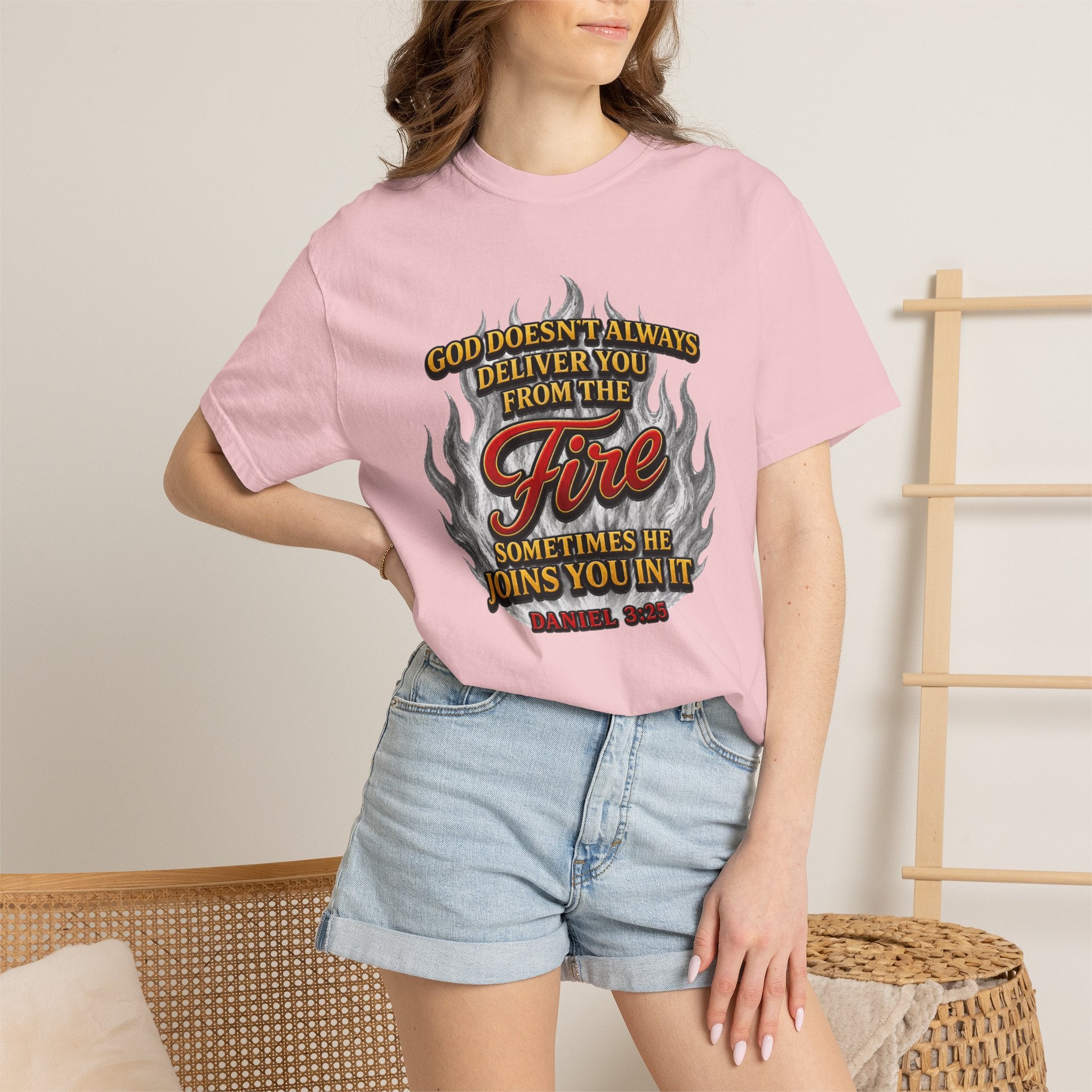 Christian Flame T-Shirt — "God Doesn’t Always Deliver You From the Fire" Faith Tee