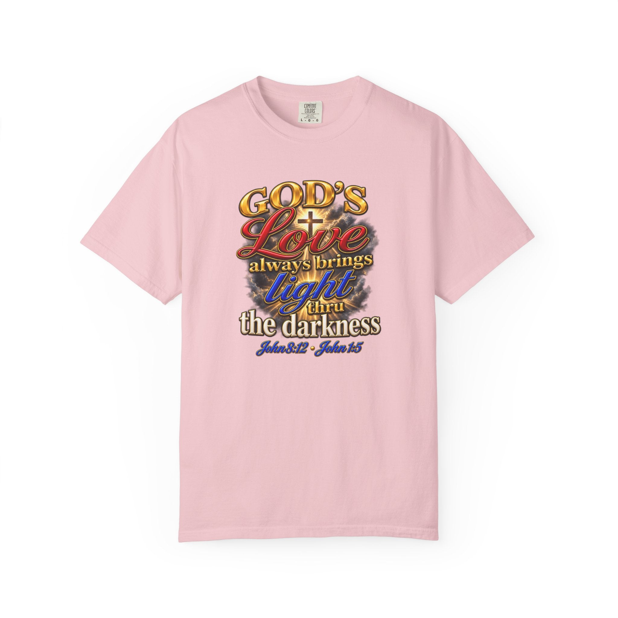 Christian Faith T-Shirt – “God’s Love Always Brings Light” Scripture Tee (John 8:12)