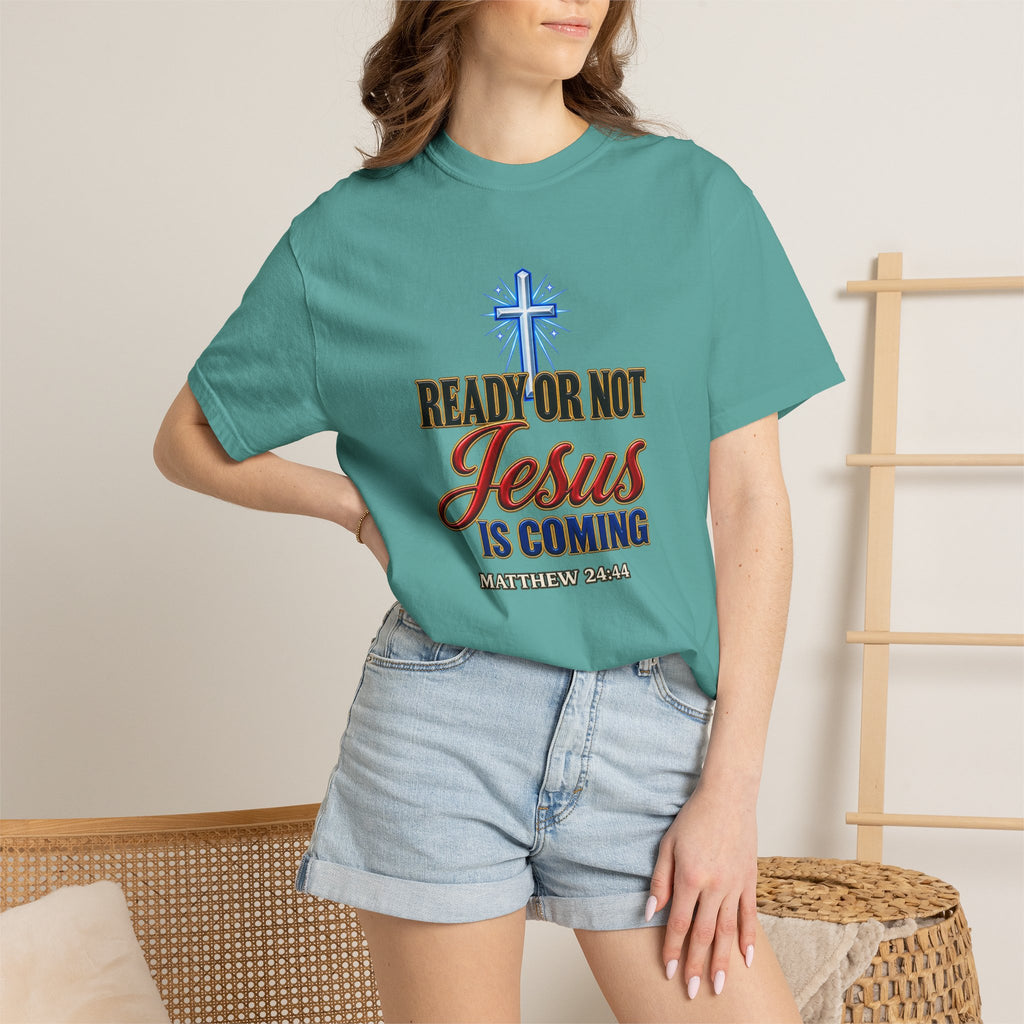 Christian T-Shirt — "Ready or Not Jesus Is Coming" Bible Verse Tee (Matthew 24:44)