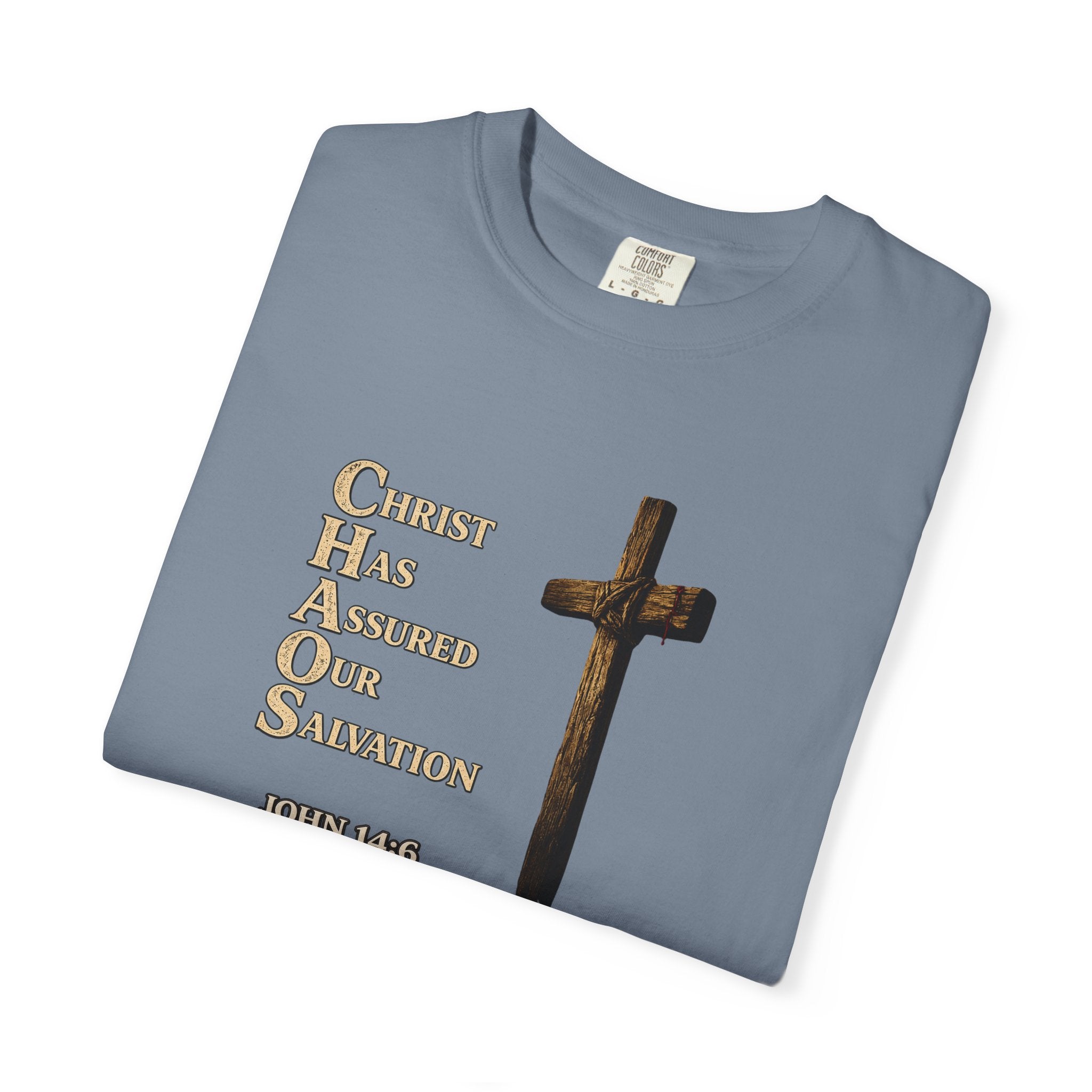 Christian Cross T-Shirt — "Christ Has Answered Our Salvation" Faith Tee (Back: "Full Armor of God")