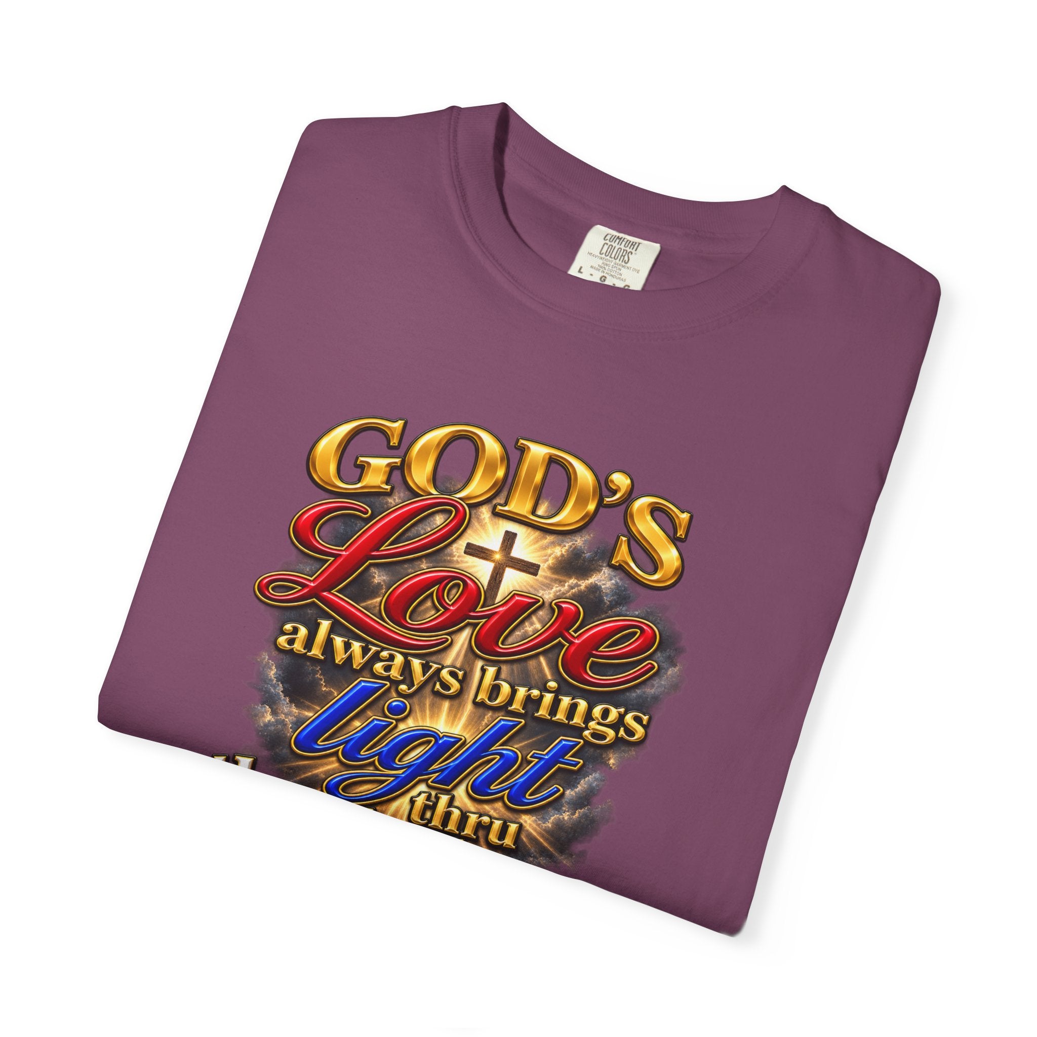 Christian Faith T-Shirt – “God’s Love Always Brings Light” Scripture Tee (John 8:12)