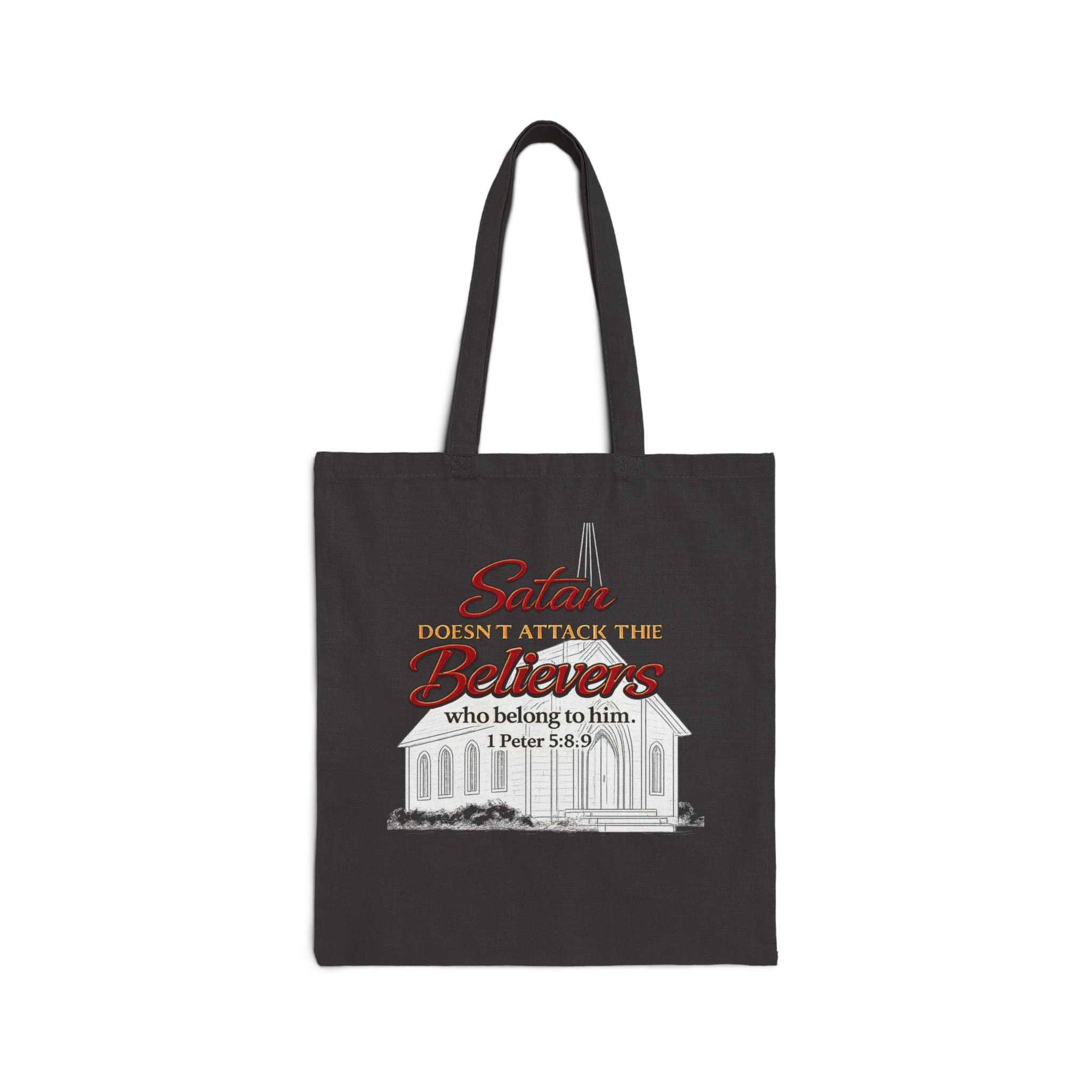 Christian Scripture Tote Bag – “Satan Doesn’t Attack the Believers” Canvas Grocery & Church Tote