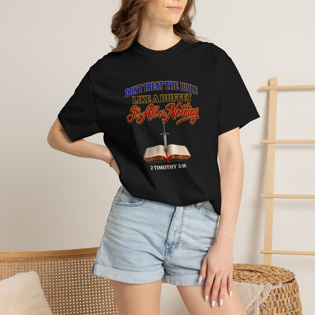 Christian Faith T-Shirt — "Don't Treat the Bible Like a Buffet" with Open Bible & "Full Armor of God" Back