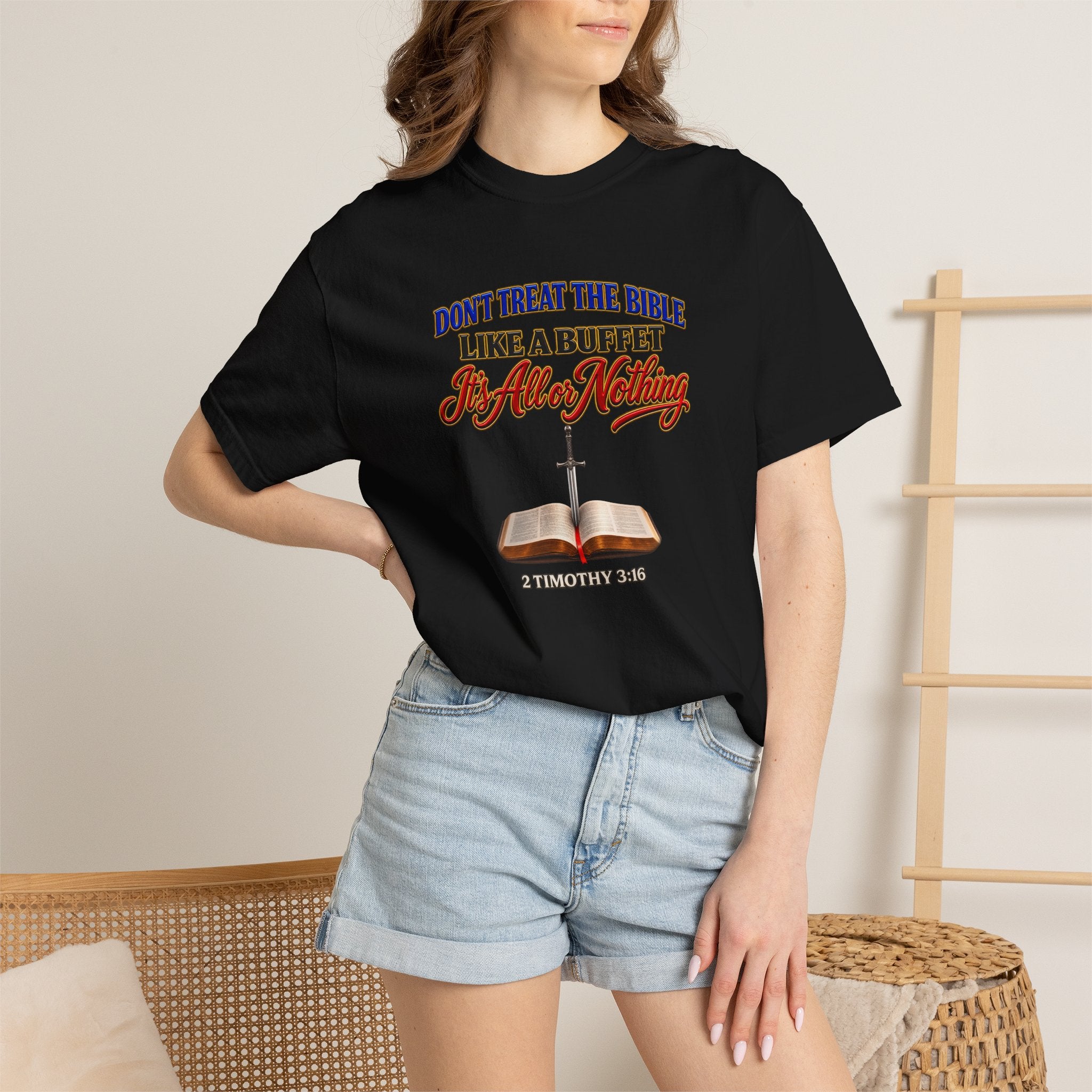 Christian Faith T-Shirt — "Don't Treat the Bible Like a Buffet" with Open Bible & "Full Armor of God" Back