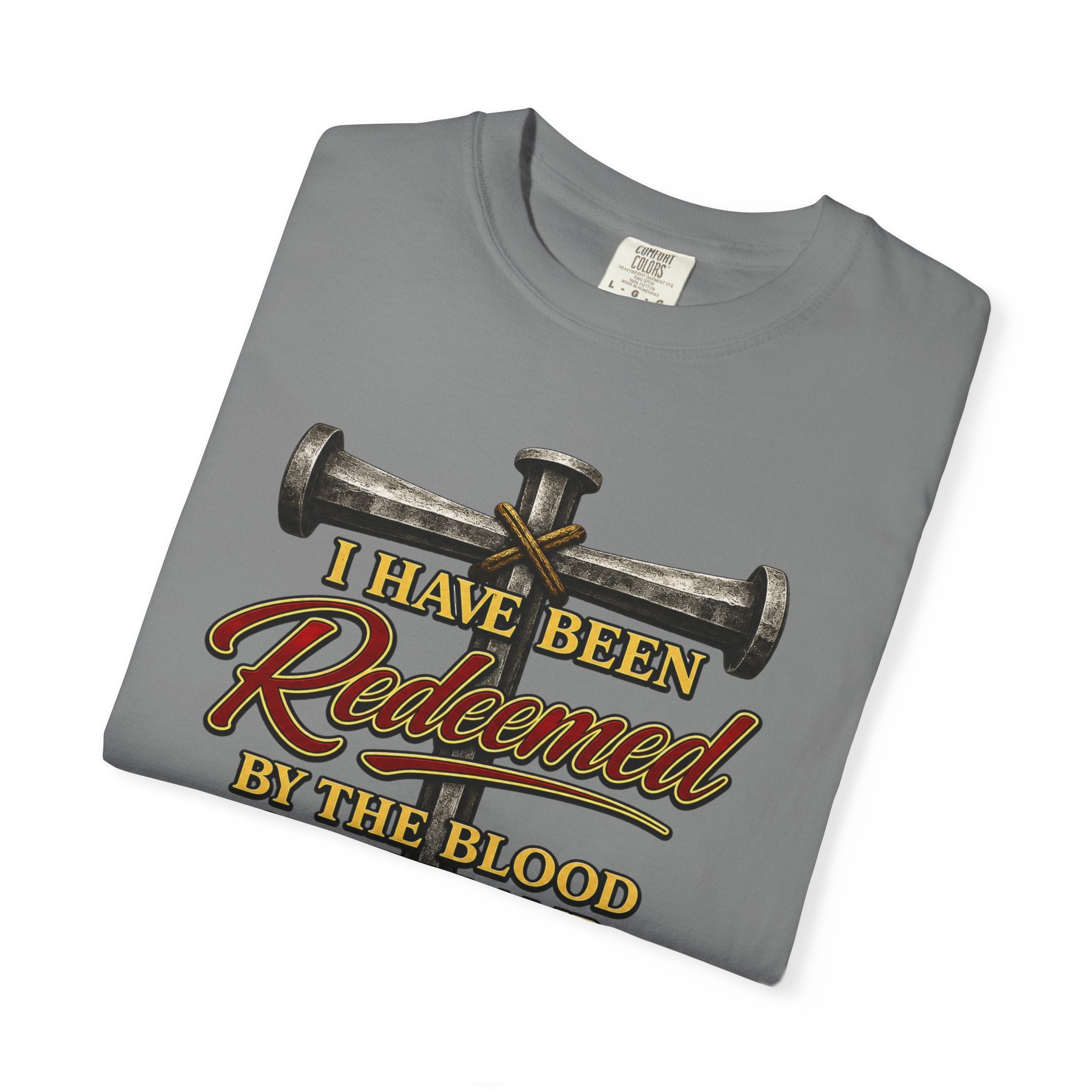 Redeemed by the Blood T-Shirt — Christian Cross & Nail Faith Tee (1 Peter 1:18-19)