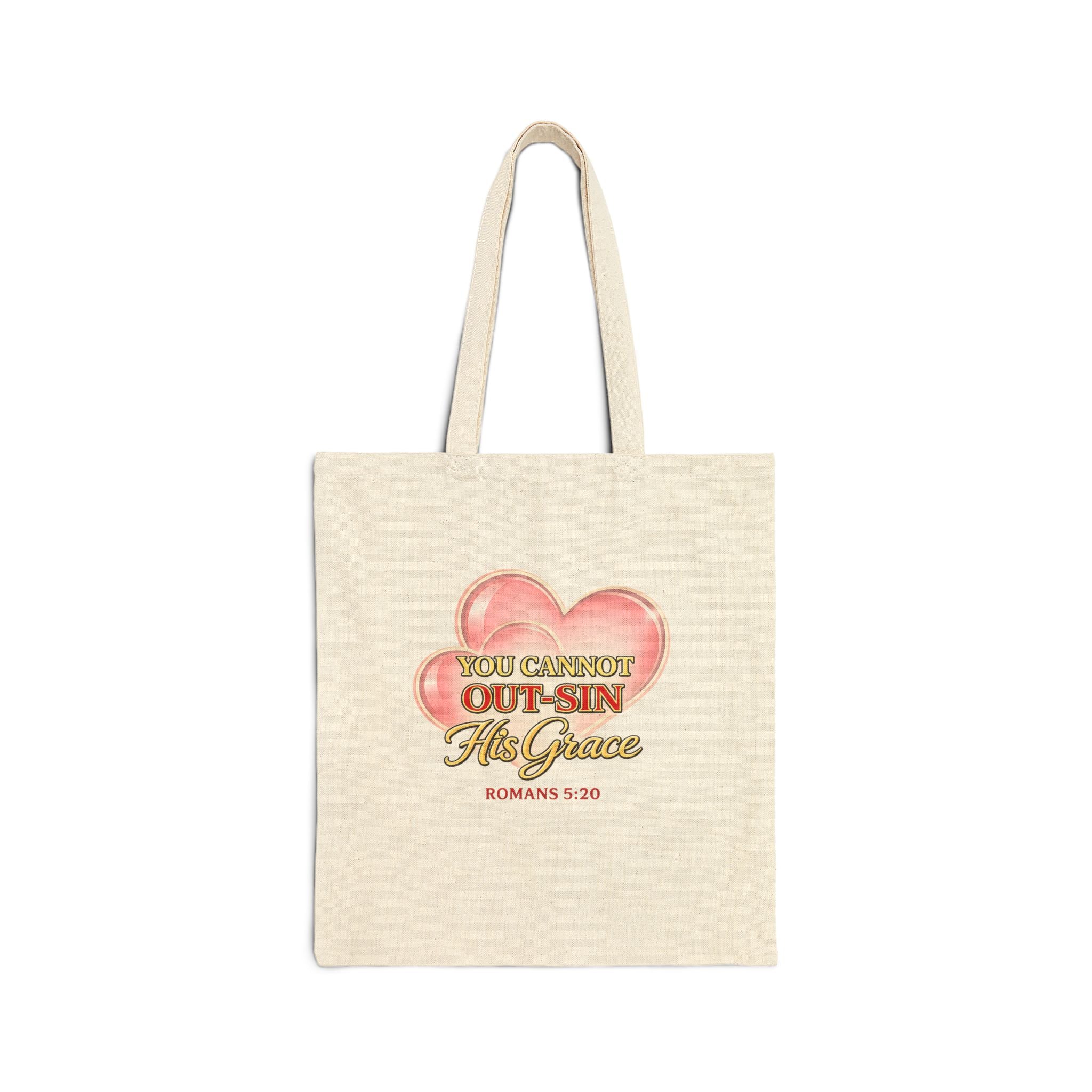 Canvas Tote Bag — "You Cannot Out-Sin His Grace" Christian Scripture Tote (Romans 5:20)