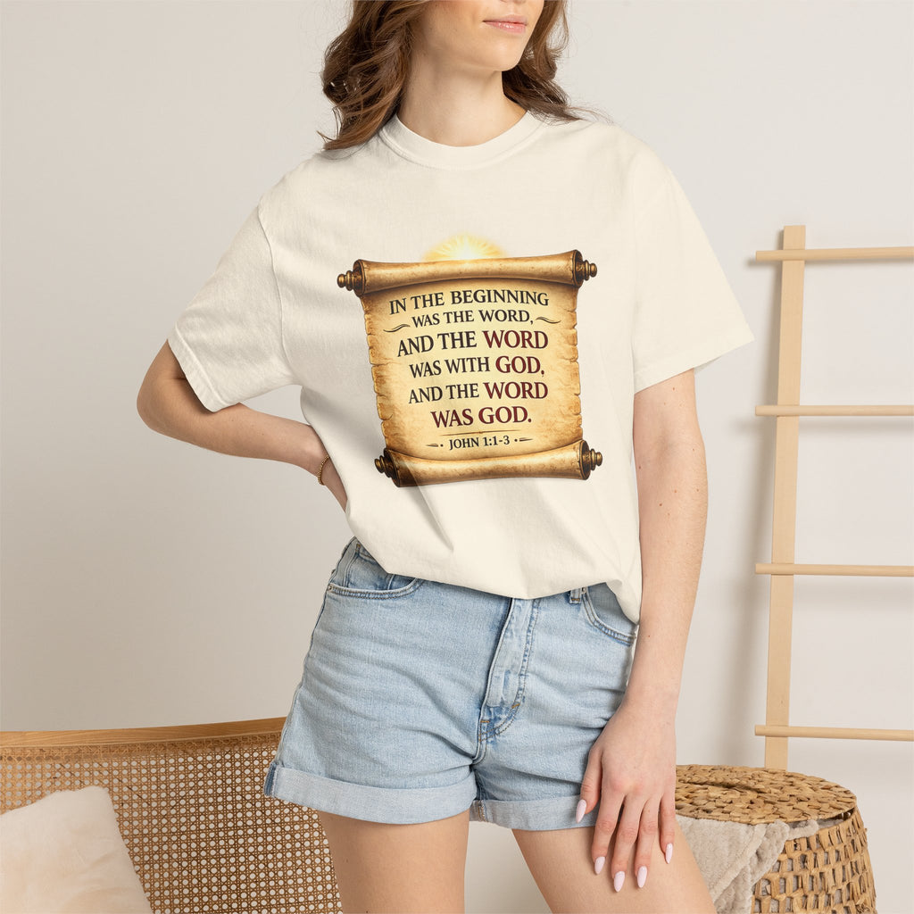 T-shirt — "In the Beginning Was the Word" John 1:1 Scroll Christian Tee