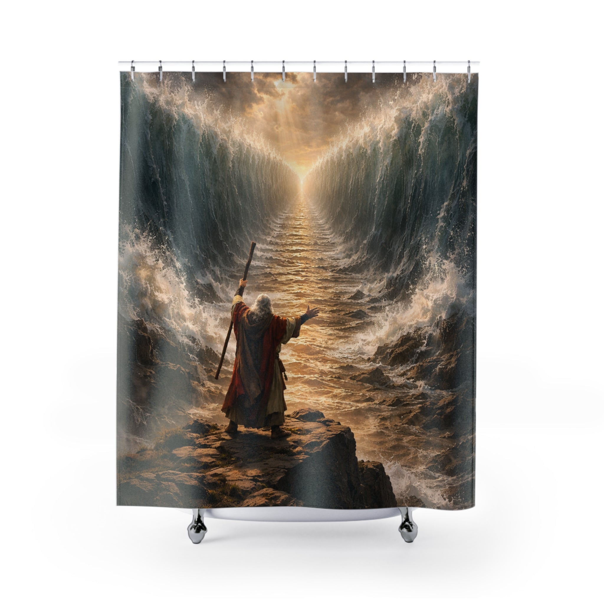 Moses Parting Sea Shower Curtain – Dramatic Biblical Wall Art Bathroom Decor