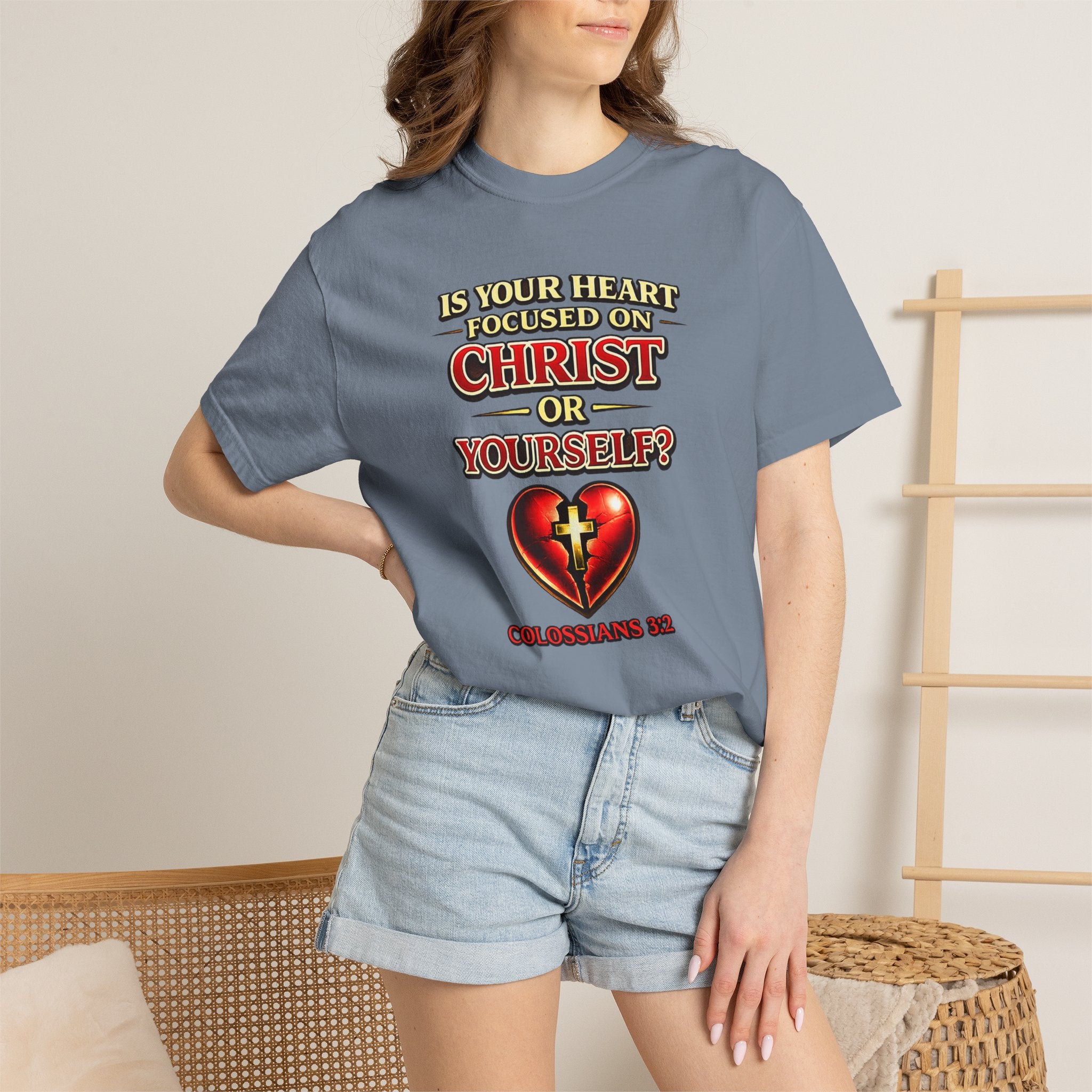 Christian Graphic T-Shirt — “Is Your Heart Focused on Christ or Yourself?” with Heart & Cross