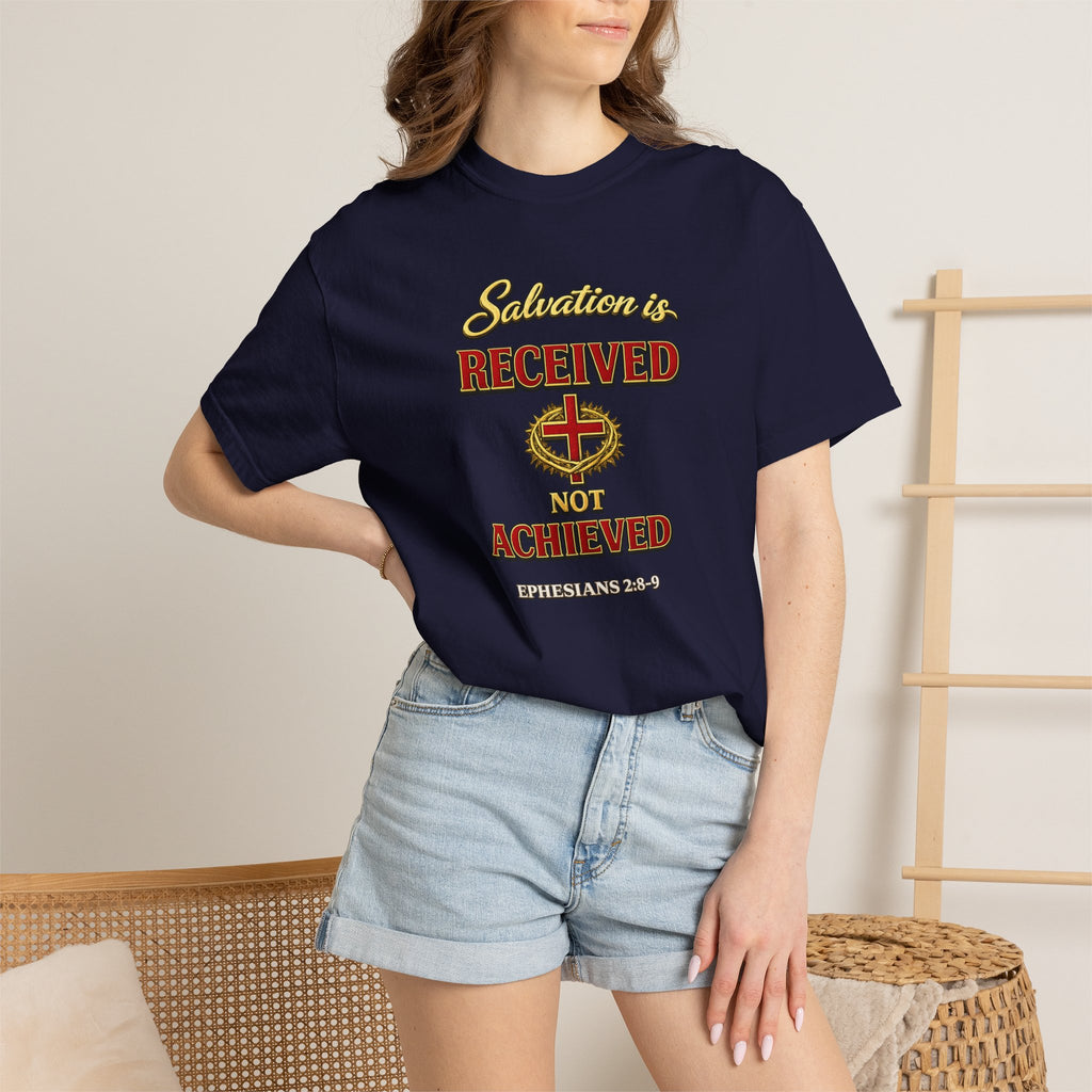Faith T-Shirt — "Salvation Is Received Not Achieved" Christian Graphic Tee (Full Armor of God)