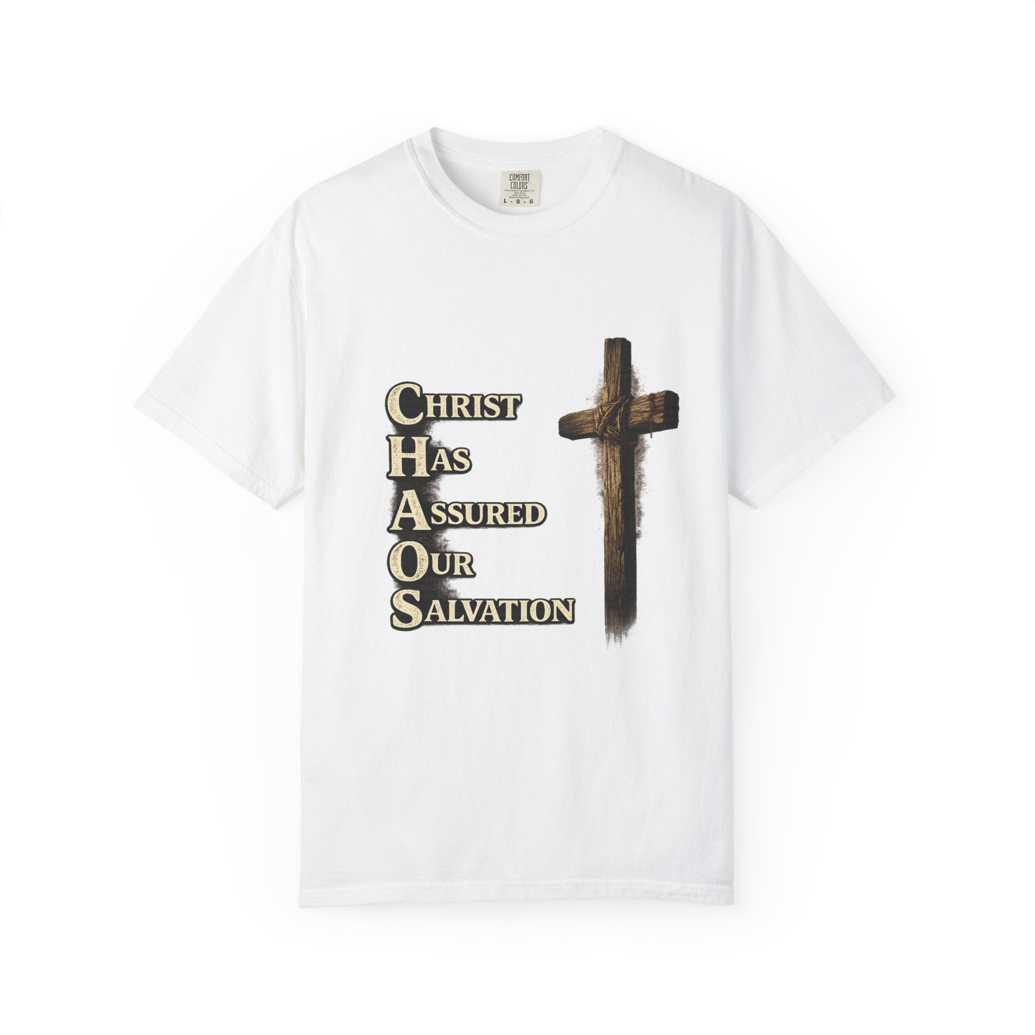 Christian Cross T‑Shirt — "CHAOS: Christ Has Assured Our Salvation" Faith Tee