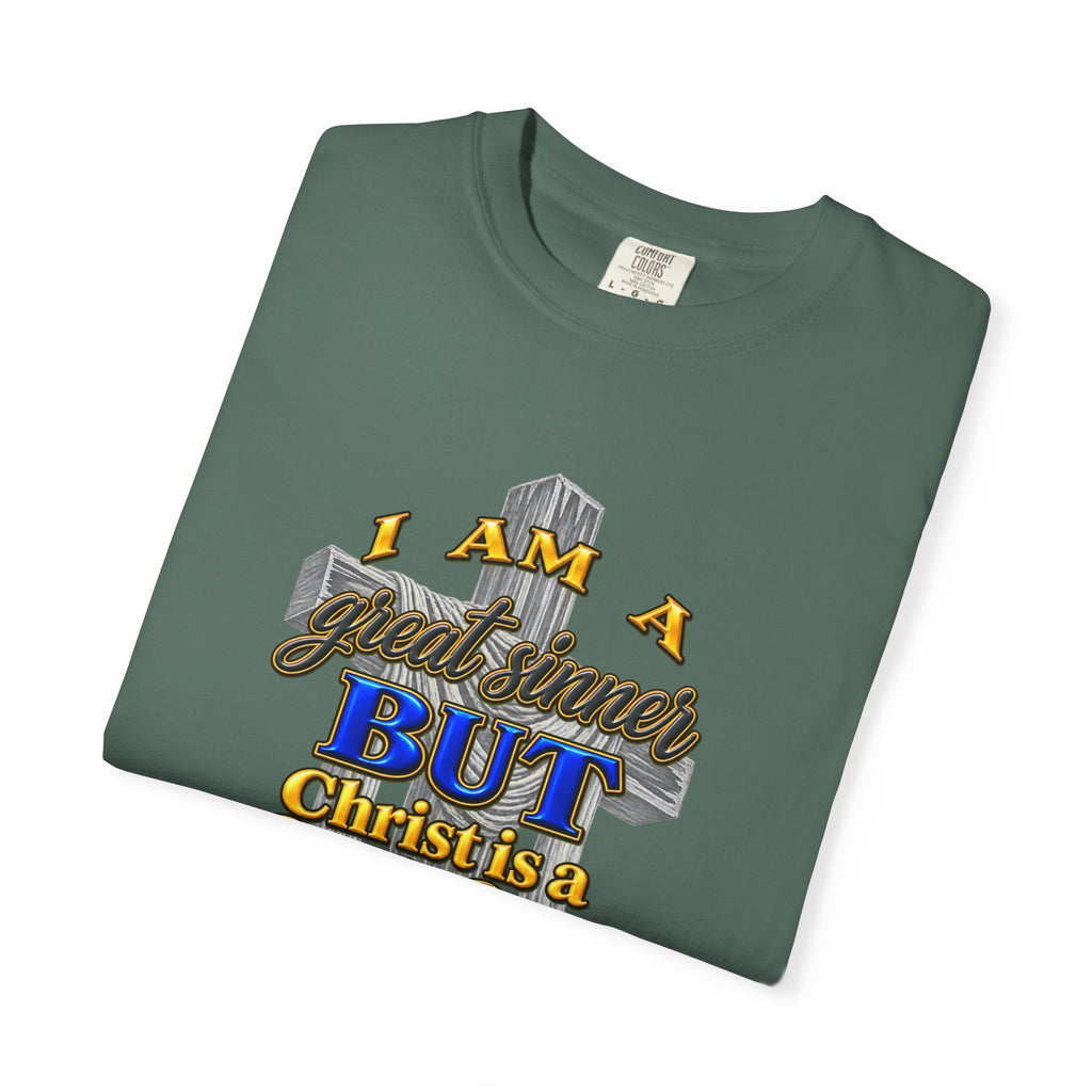 Christian Graphic T-Shirt — "I Am A Great Sinner But Christ Is A Great Savior" (Full Armor of God)