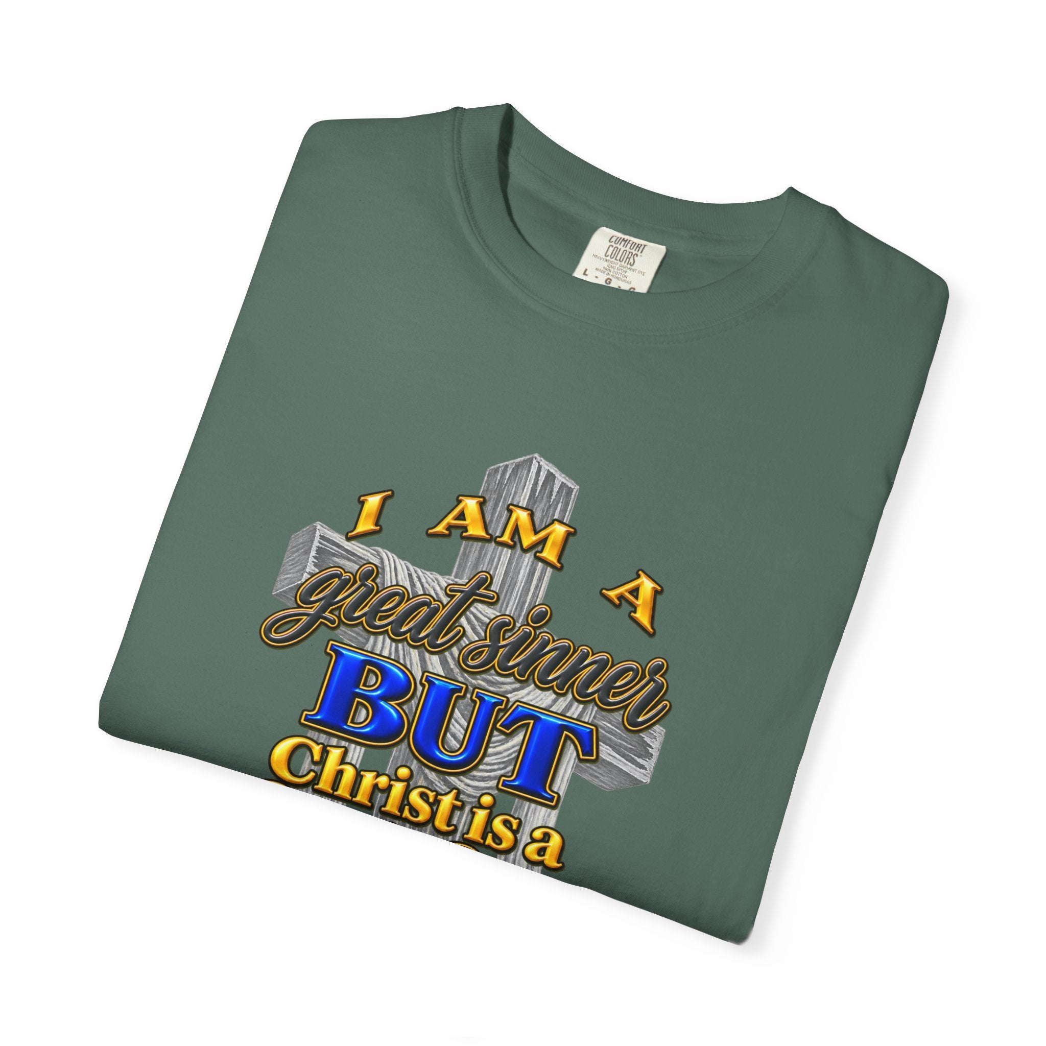Christian Graphic T-Shirt — "I Am A Great Sinner But Christ Is A Great Savior" (Full Armor of God)