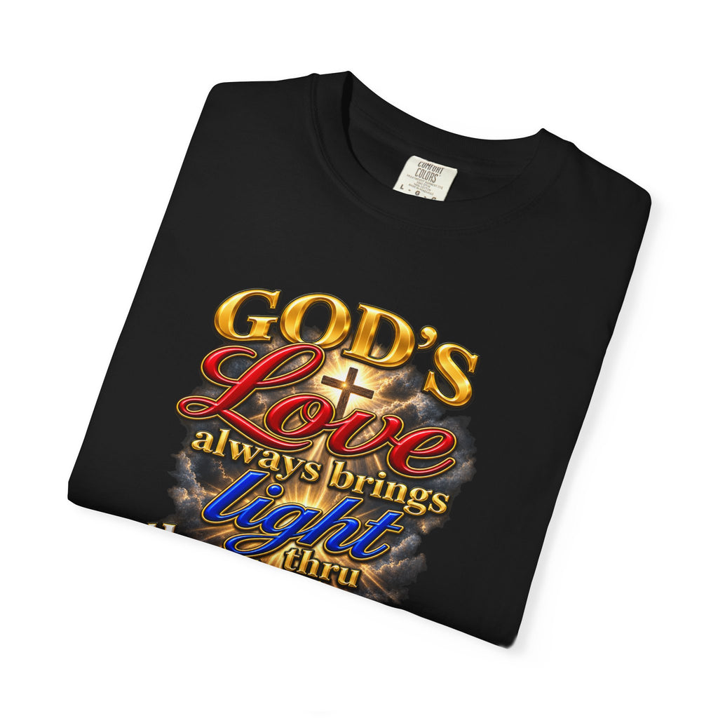Christian Faith T-Shirt – “God’s Love Always Brings Light” Scripture Tee (John 8:12)