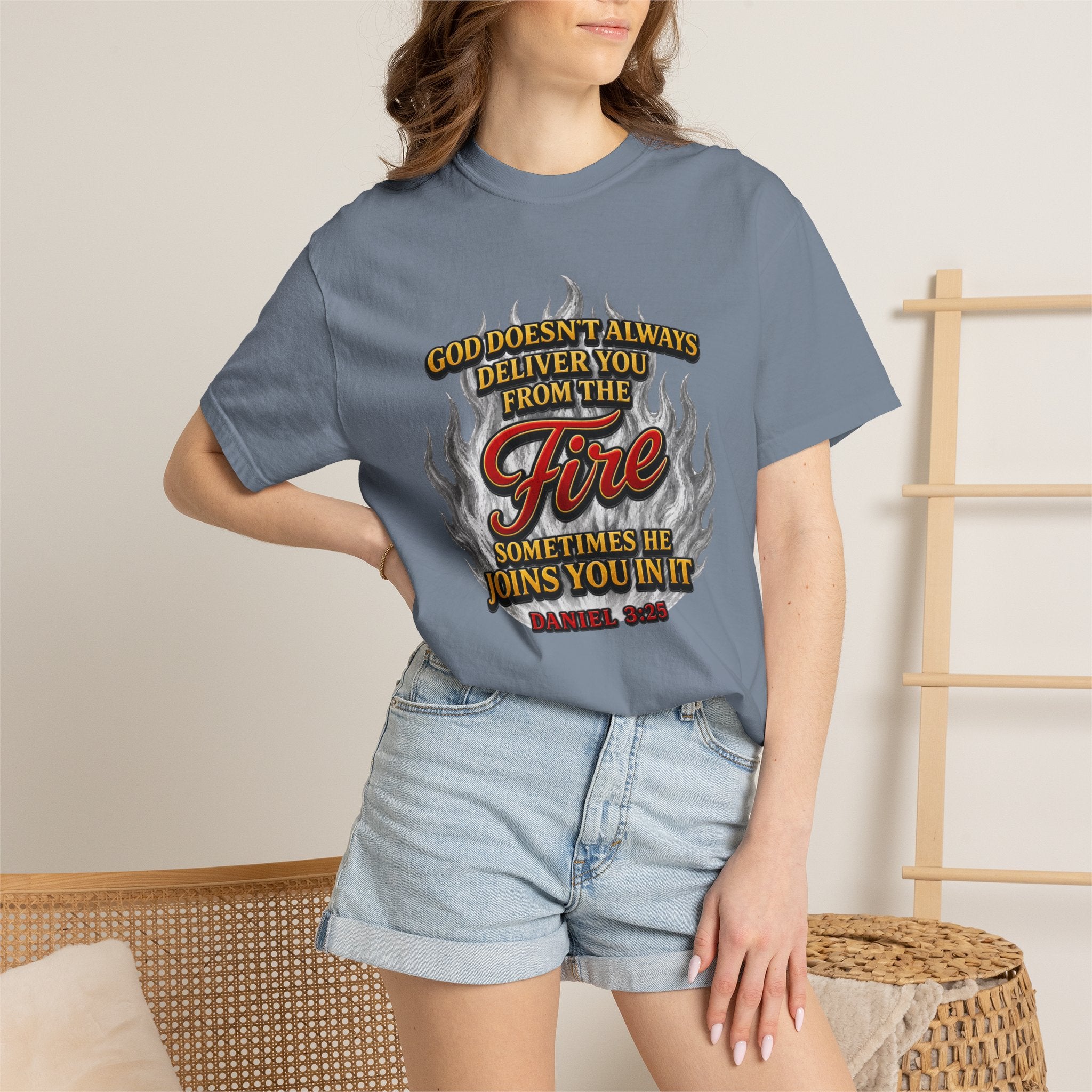 Christian Flame T-Shirt — "God Doesn’t Always Deliver You From the Fire" Faith Tee