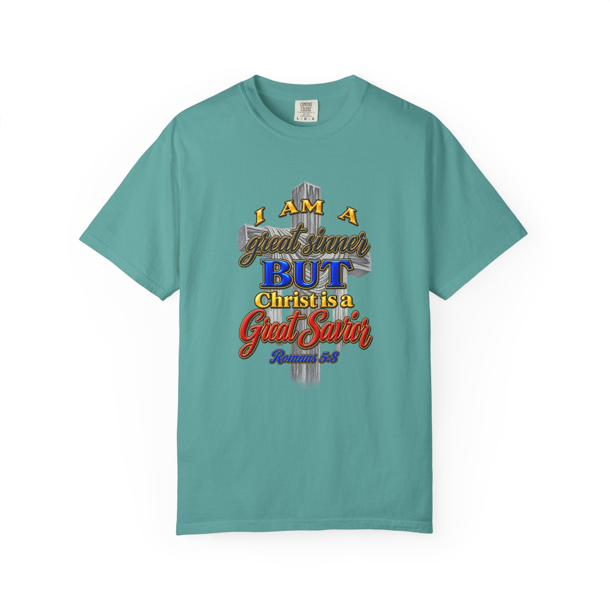 Christian Graphic T-Shirt — "I Am A Great Sinner But Christ Is A Great Savior" (Full Armor of God)