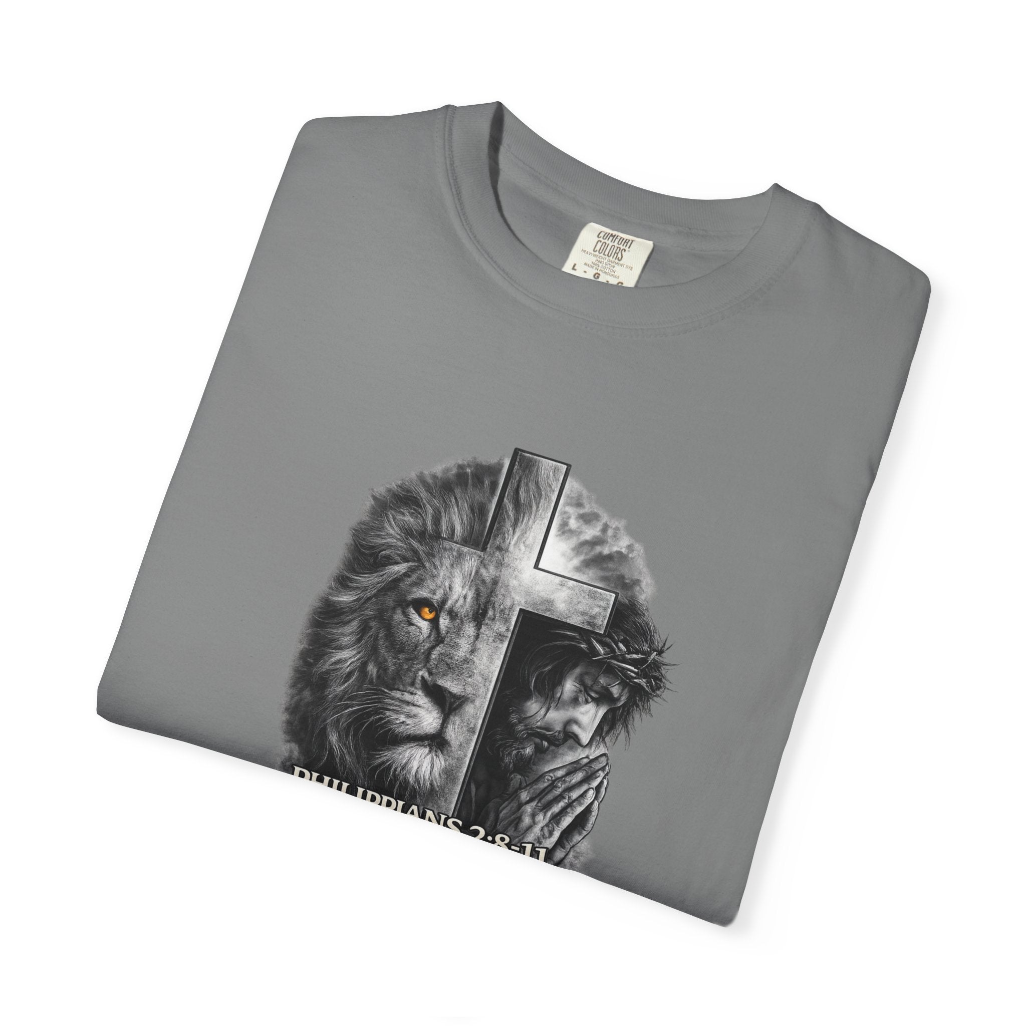Christian Lion Cross T-Shirt — Philippians 2:8 Faith Graphic Tee