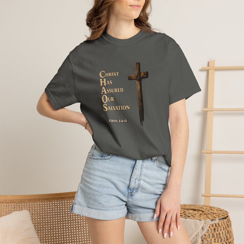 Christian Cross T-Shirt — "Christ Has Answered Our Salvation" Faith Tee (Back: "Full Armor of God")
