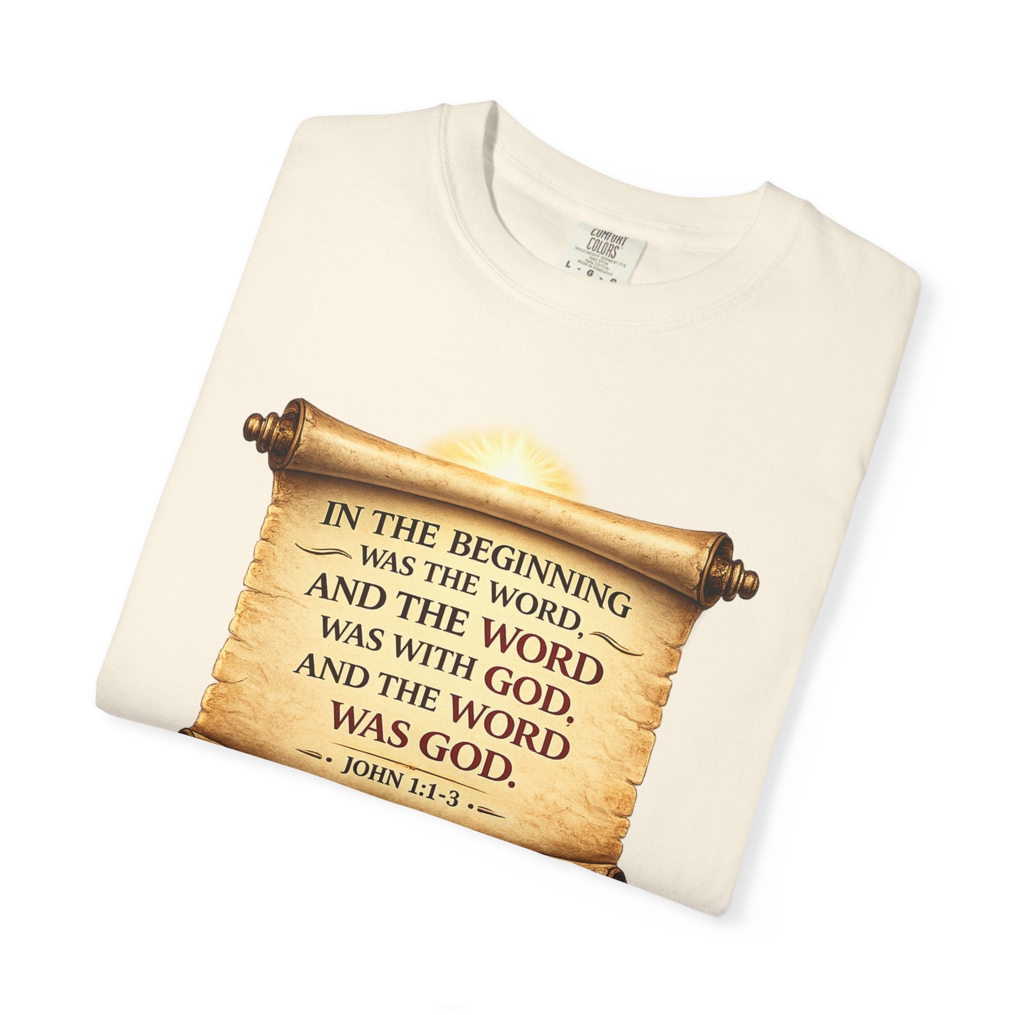 T-shirt — "In the Beginning Was the Word" John 1:1 Scroll Christian Tee