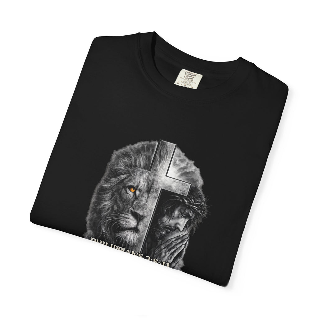 Christian Lion Cross T-Shirt — Philippians 2:8 Faith Graphic Tee