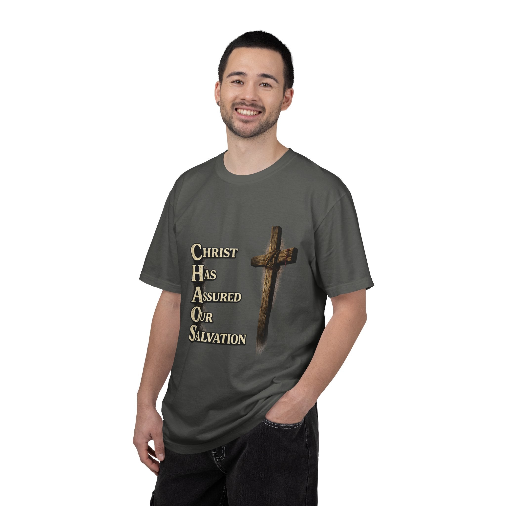 Christian Cross T‑Shirt — "CHAOS: Christ Has Assured Our Salvation" Faith Tee