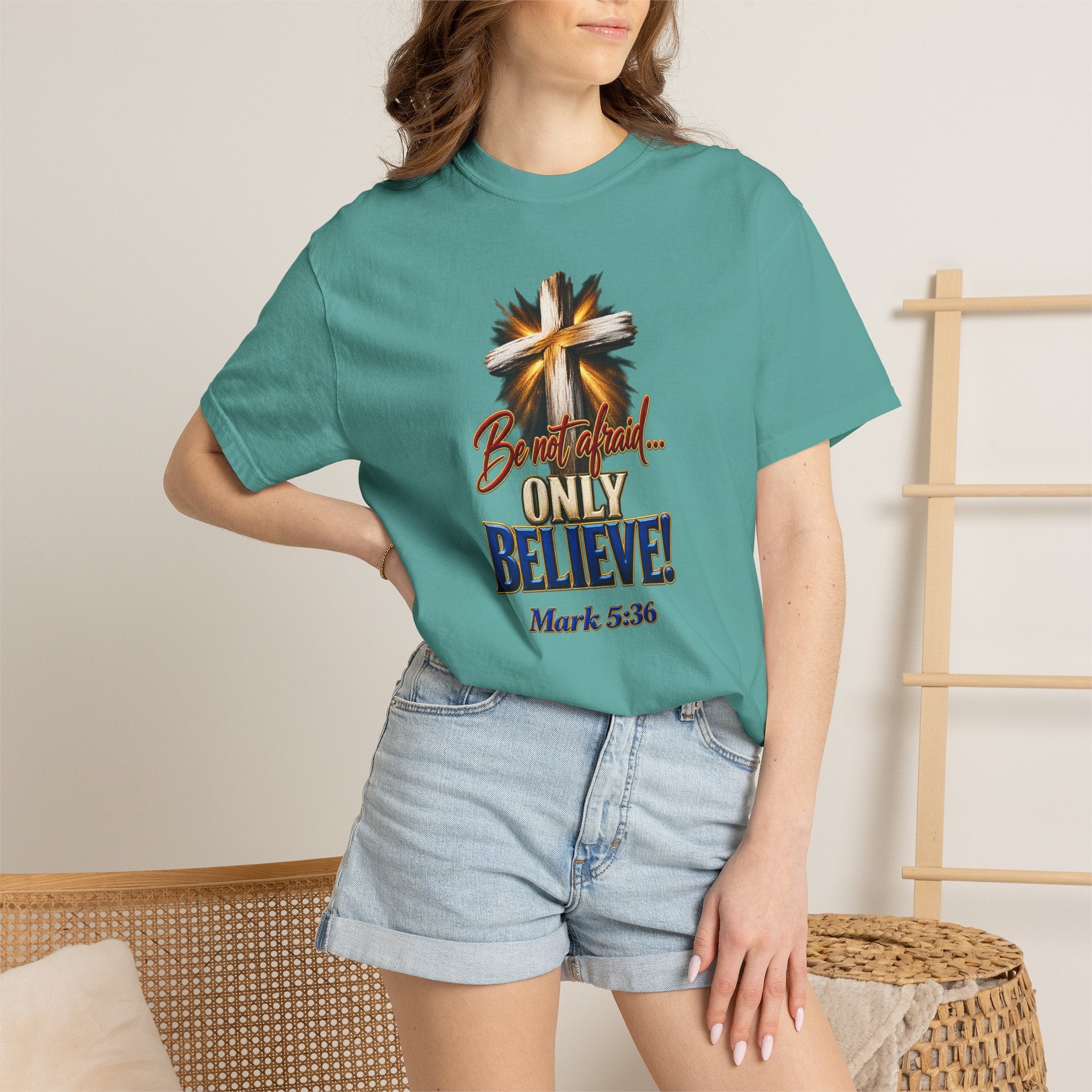 Only Believe Cross T-Shirt — Mark 5:36 Christian Faith Tee