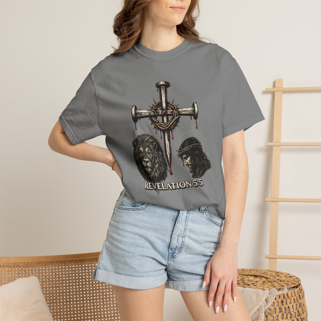 Revelation 5:5 Christian T-Shirt — Lion & Lamb Cross Design