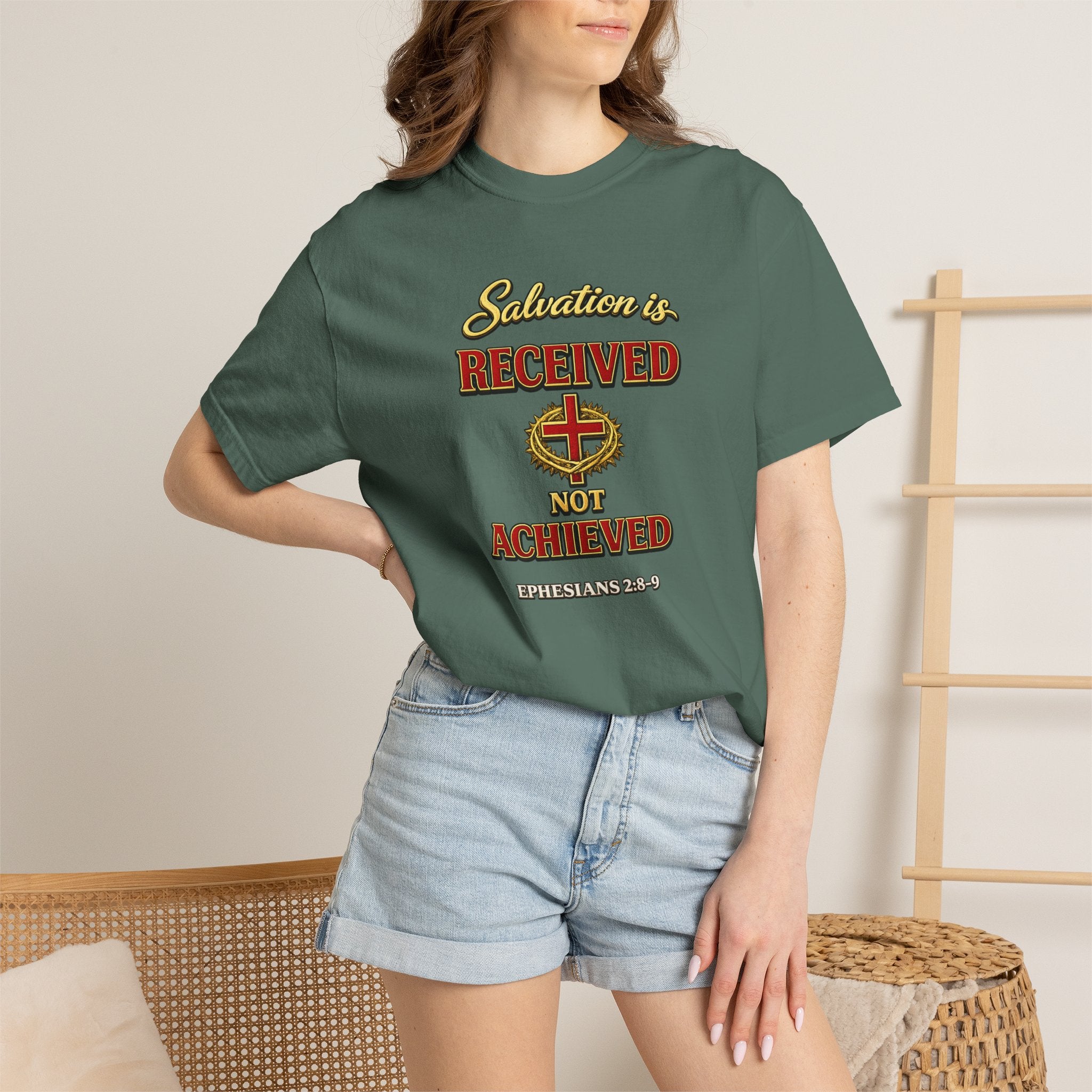 Faith T-Shirt — "Salvation Is Received Not Achieved" Christian Graphic Tee (Full Armor of God)