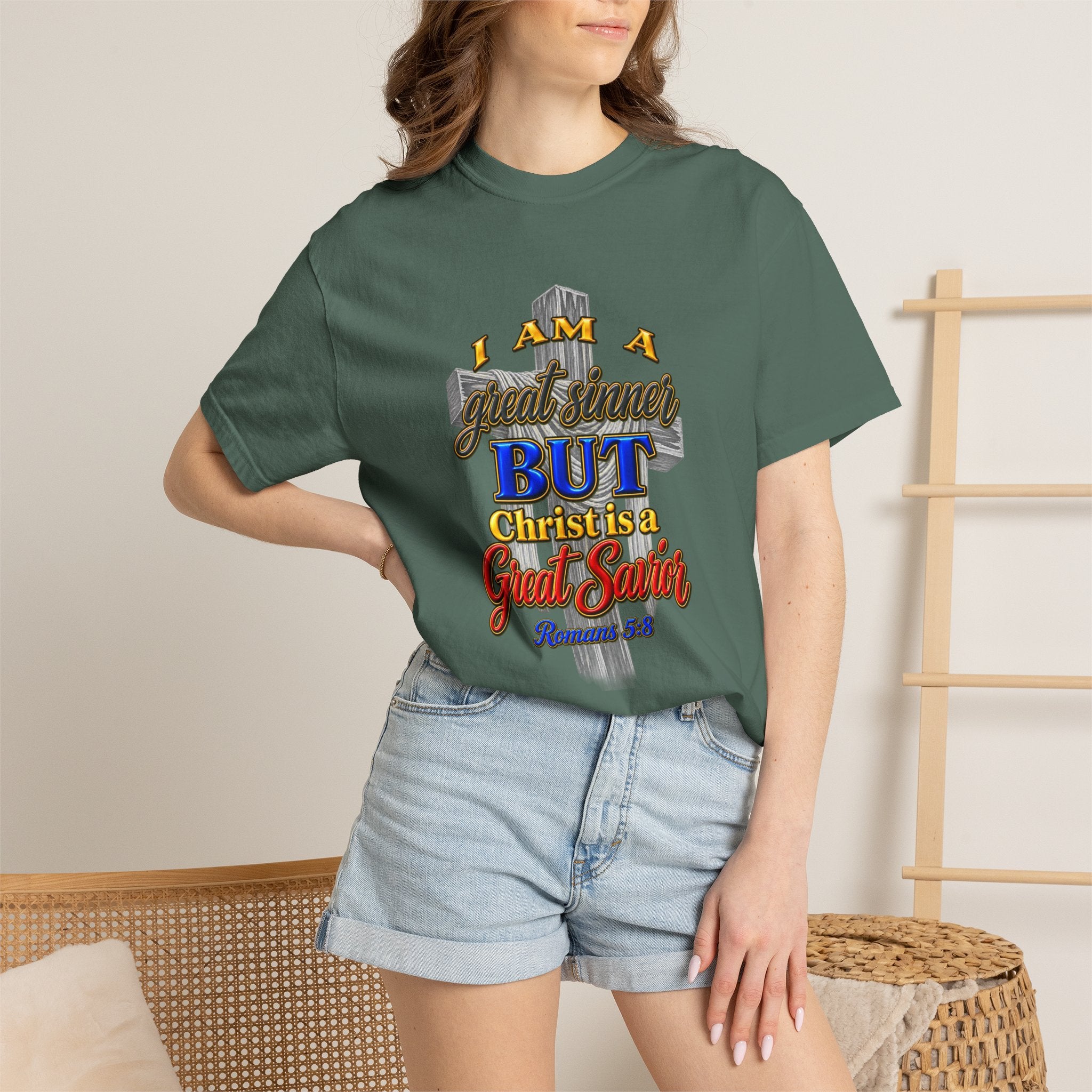 Christian Graphic T-Shirt — "I Am A Great Sinner But Christ Is A Great Savior" (Full Armor of God)