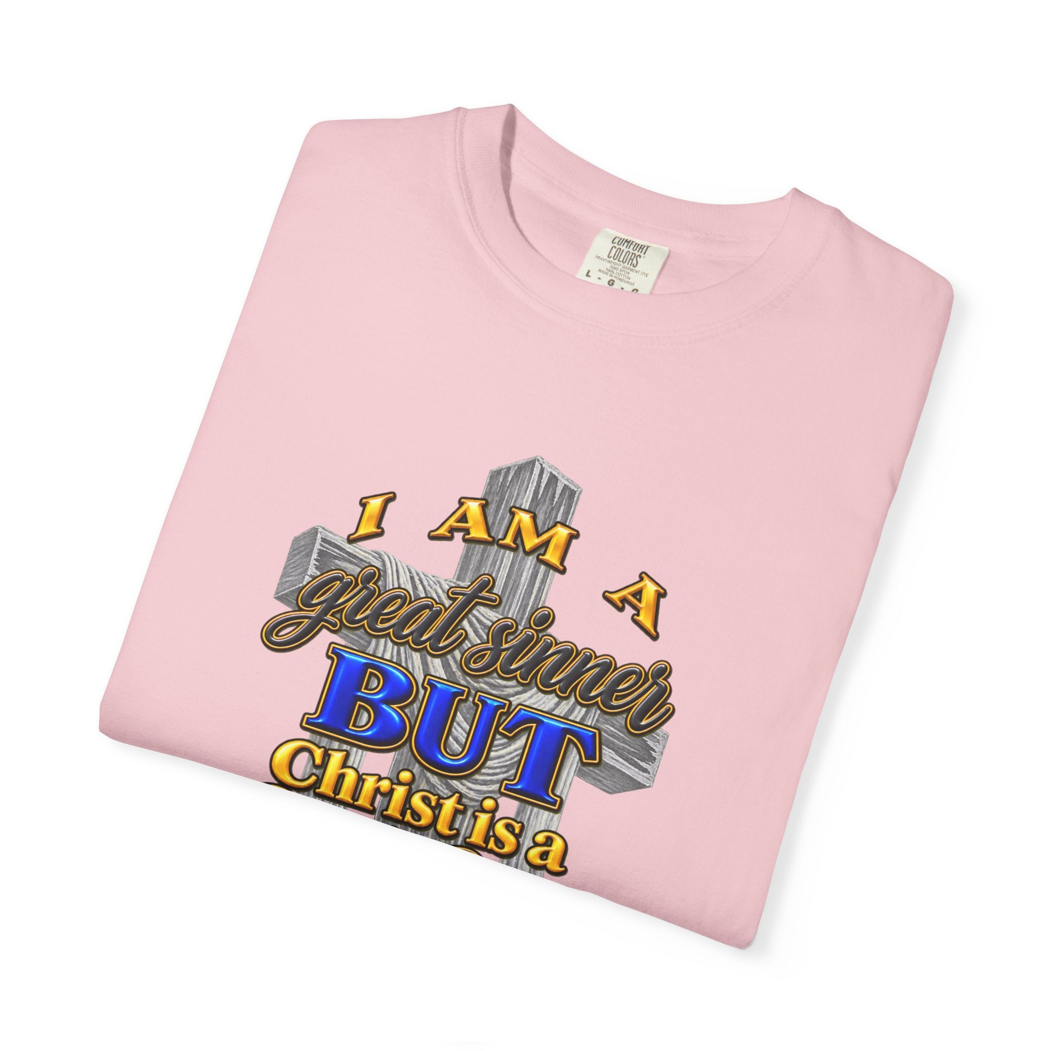 Christian Graphic T-Shirt — "I Am A Great Sinner But Christ Is A Great Savior" (Full Armor of God)