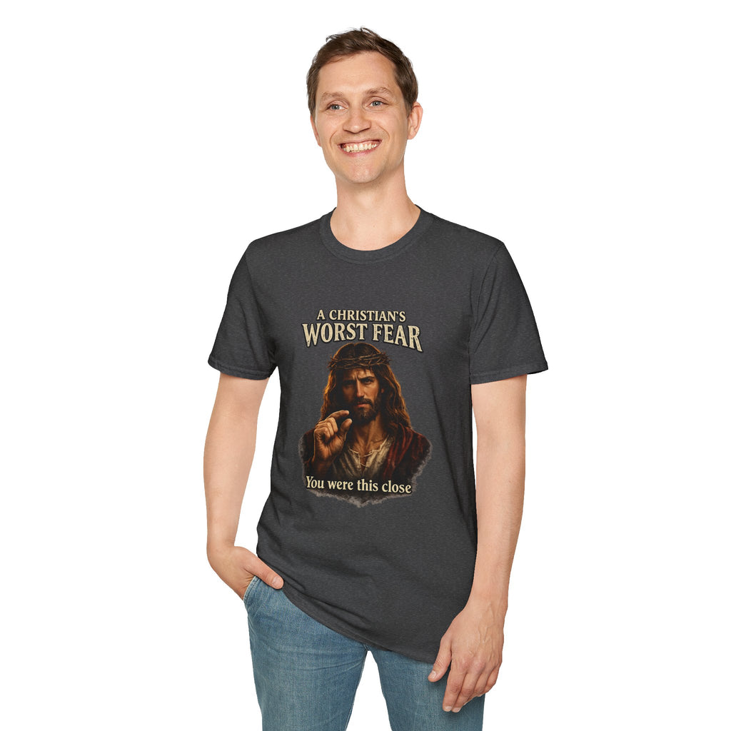 T-Shirt — “A Christian’s Worst Fear: You Were This Close” Vintage Jesus Holiday Tee