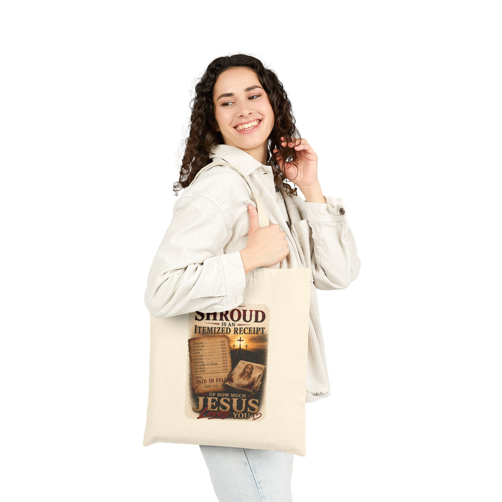 Christian Canvas Tote Bag – “The Shroud Itemized Receipt” Faith Graphic Tote