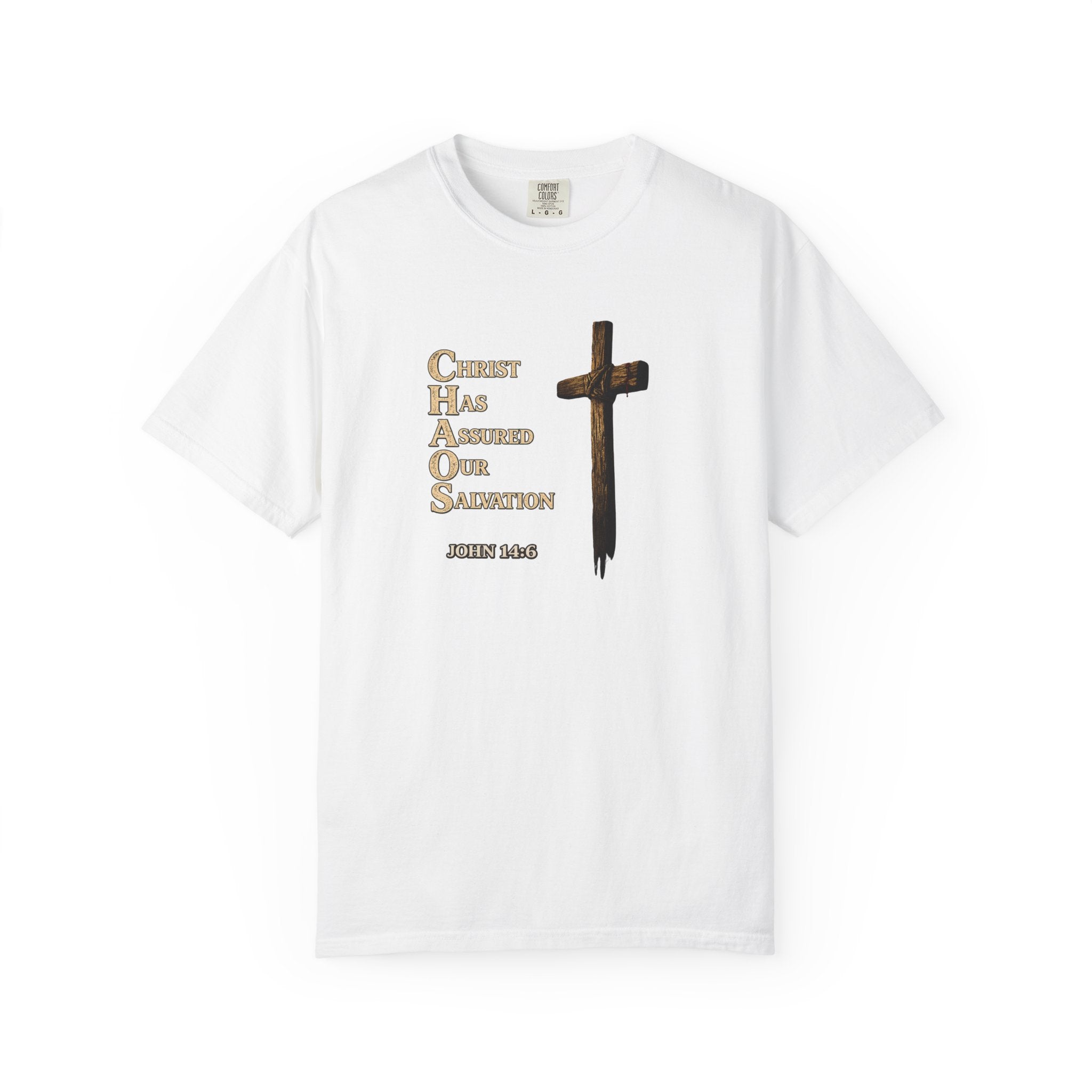 Christian Cross T-Shirt — "Christ Has Answered Our Salvation" Faith Tee (Back: "Full Armor of God")