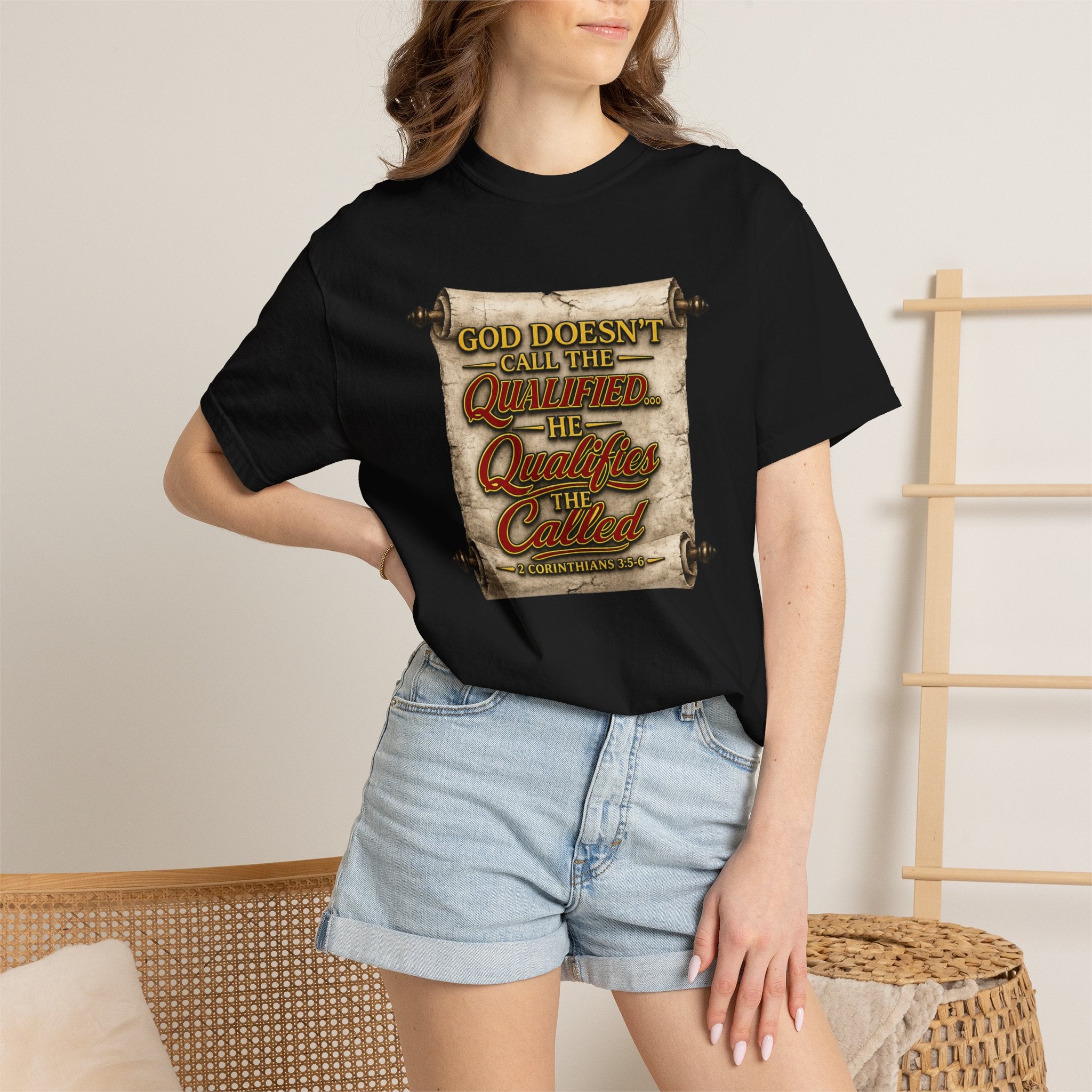T-Shirt — "God Doesn't Call the Qualified, He Calls the Called" Scroll Christian Graphic