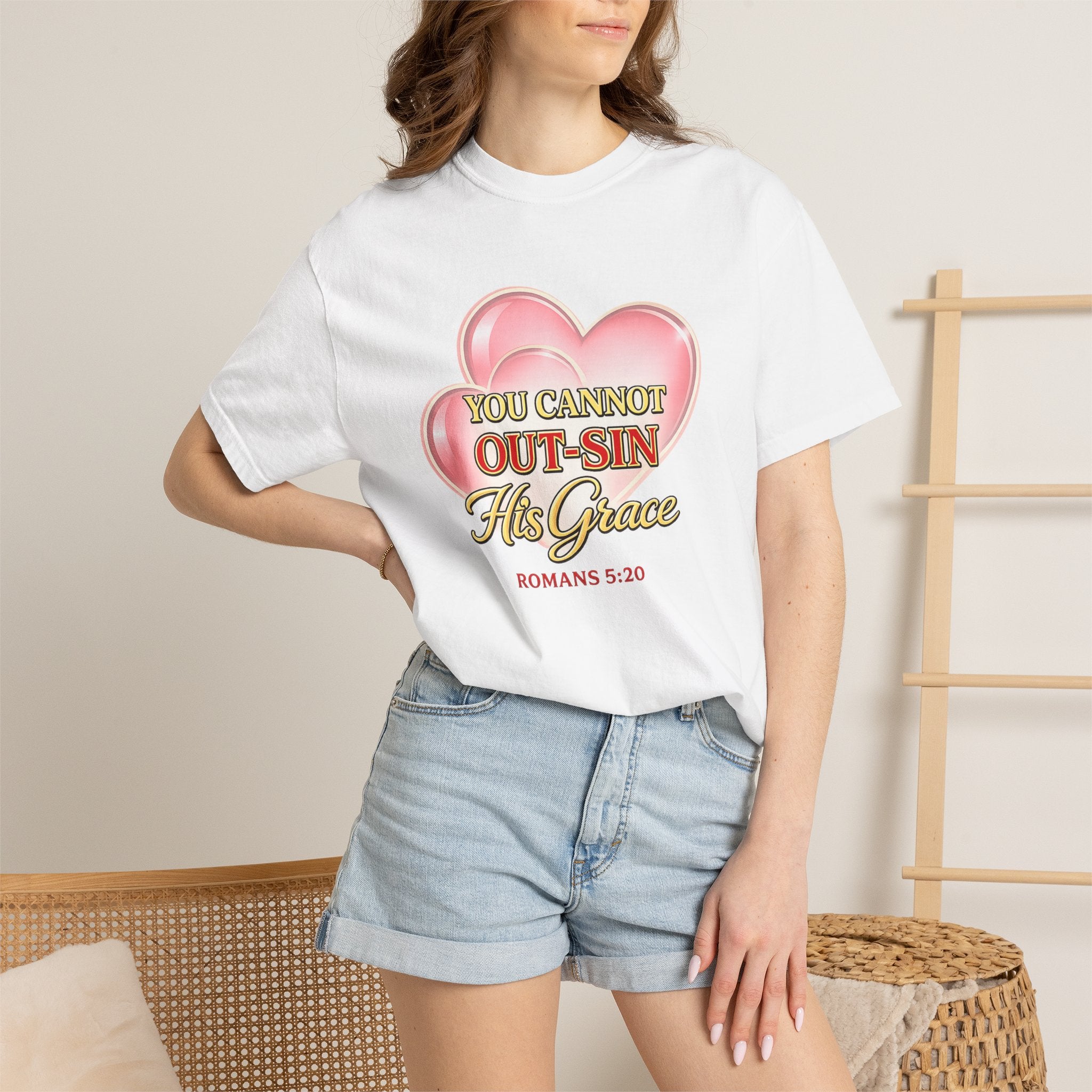 Christian Heart T-Shirt — "You Cannot Out-Sin His Grace" (Romans 5:20)