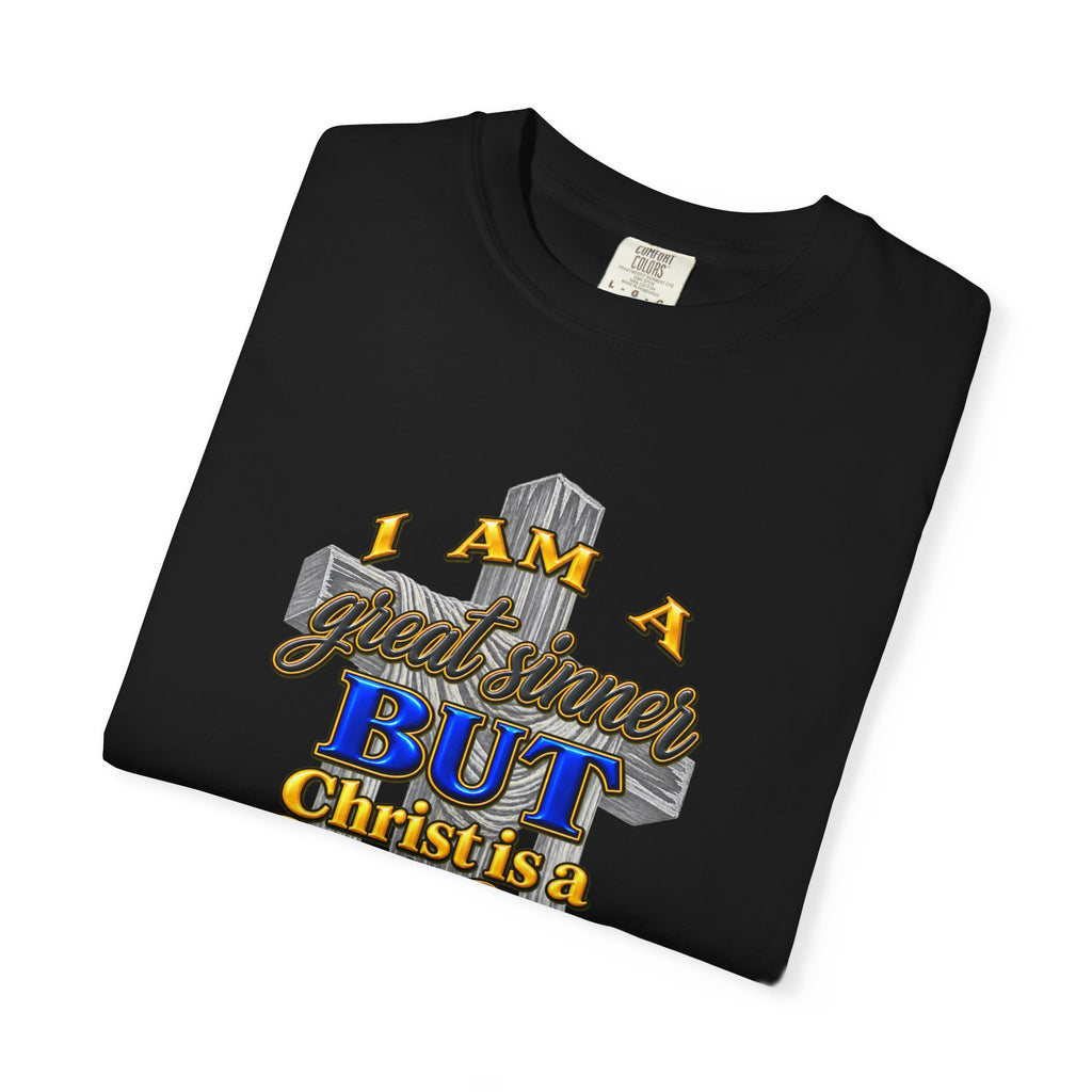 Christian Graphic T-Shirt — "I Am A Great Sinner But Christ Is A Great Savior" (Full Armor of God)