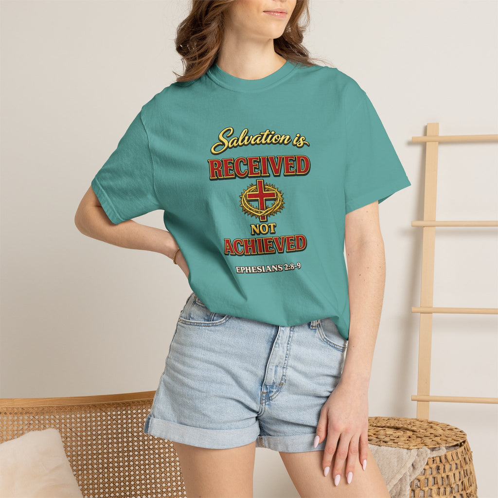 Faith T-Shirt — "Salvation Is Received Not Achieved" Christian Graphic Tee (Full Armor of God)