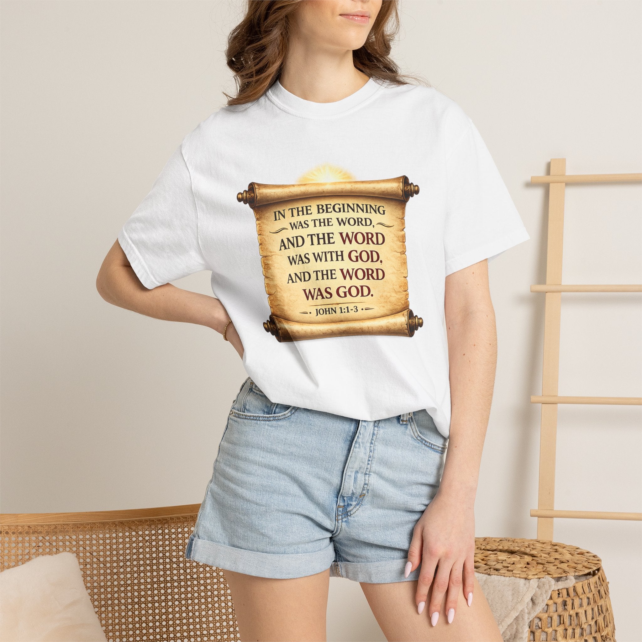T-shirt — "In the Beginning Was the Word" John 1:1 Scroll Christian Tee