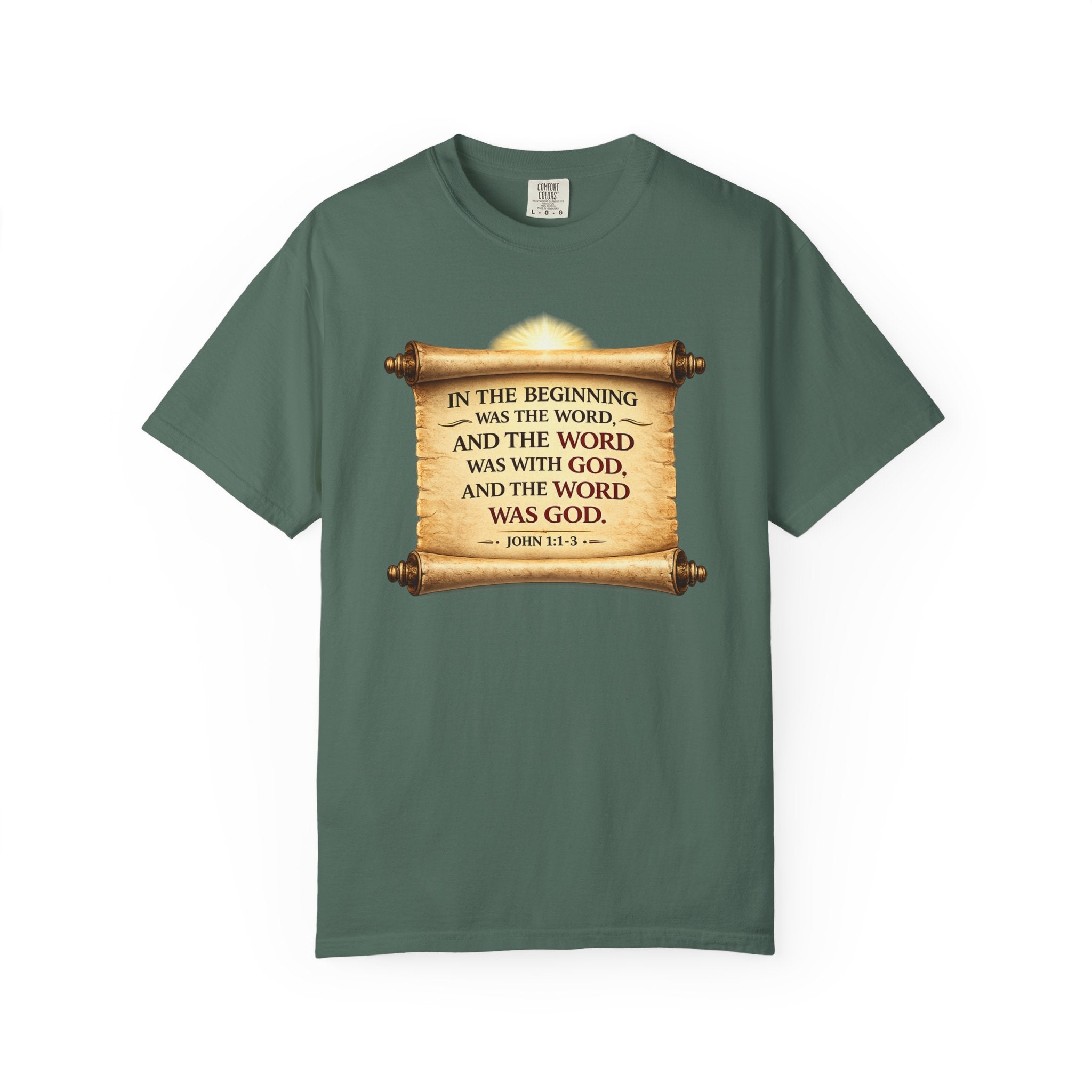 T-shirt — "In the Beginning Was the Word" John 1:1 Scroll Christian Tee