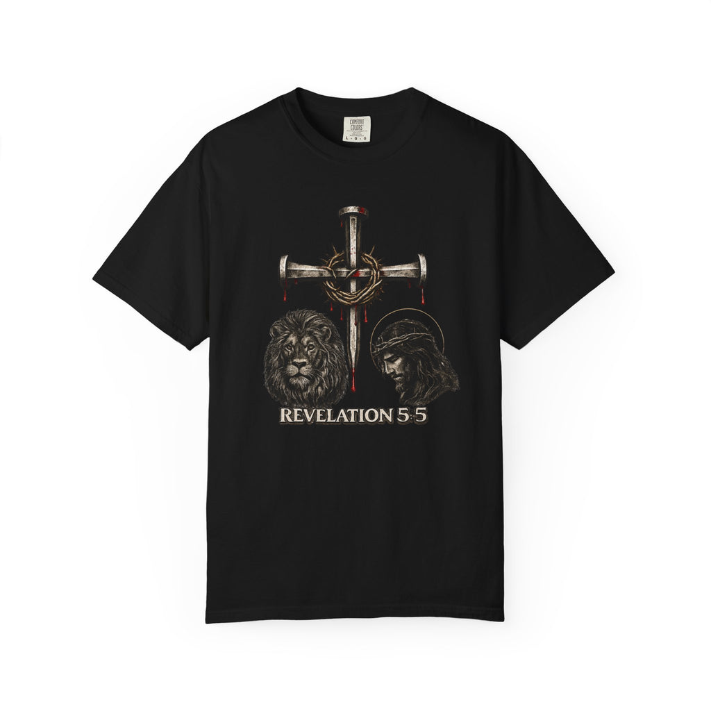 Revelation 5:5 Christian T-Shirt — Lion & Lamb Cross Design