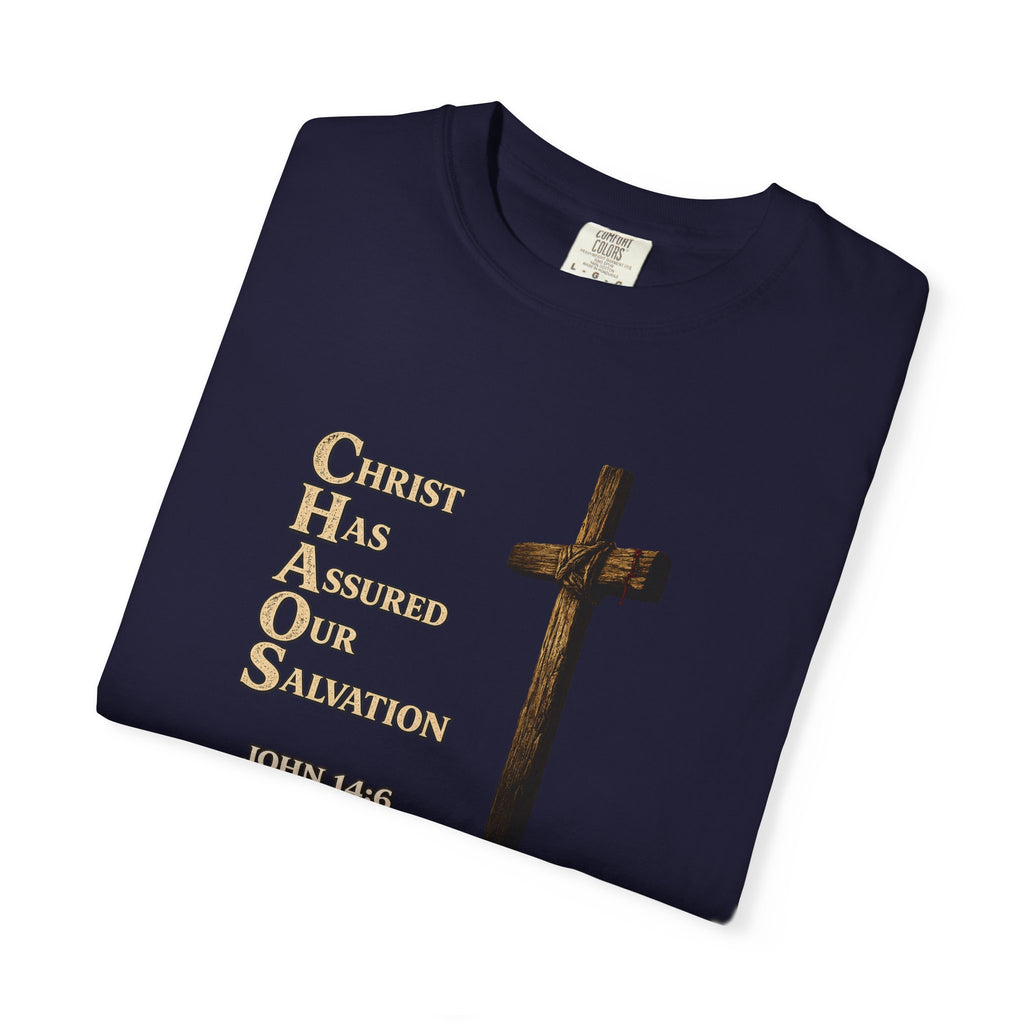 Christian Cross T-Shirt — "Christ Has Answered Our Salvation" Faith Tee (Back: "Full Armor of God")