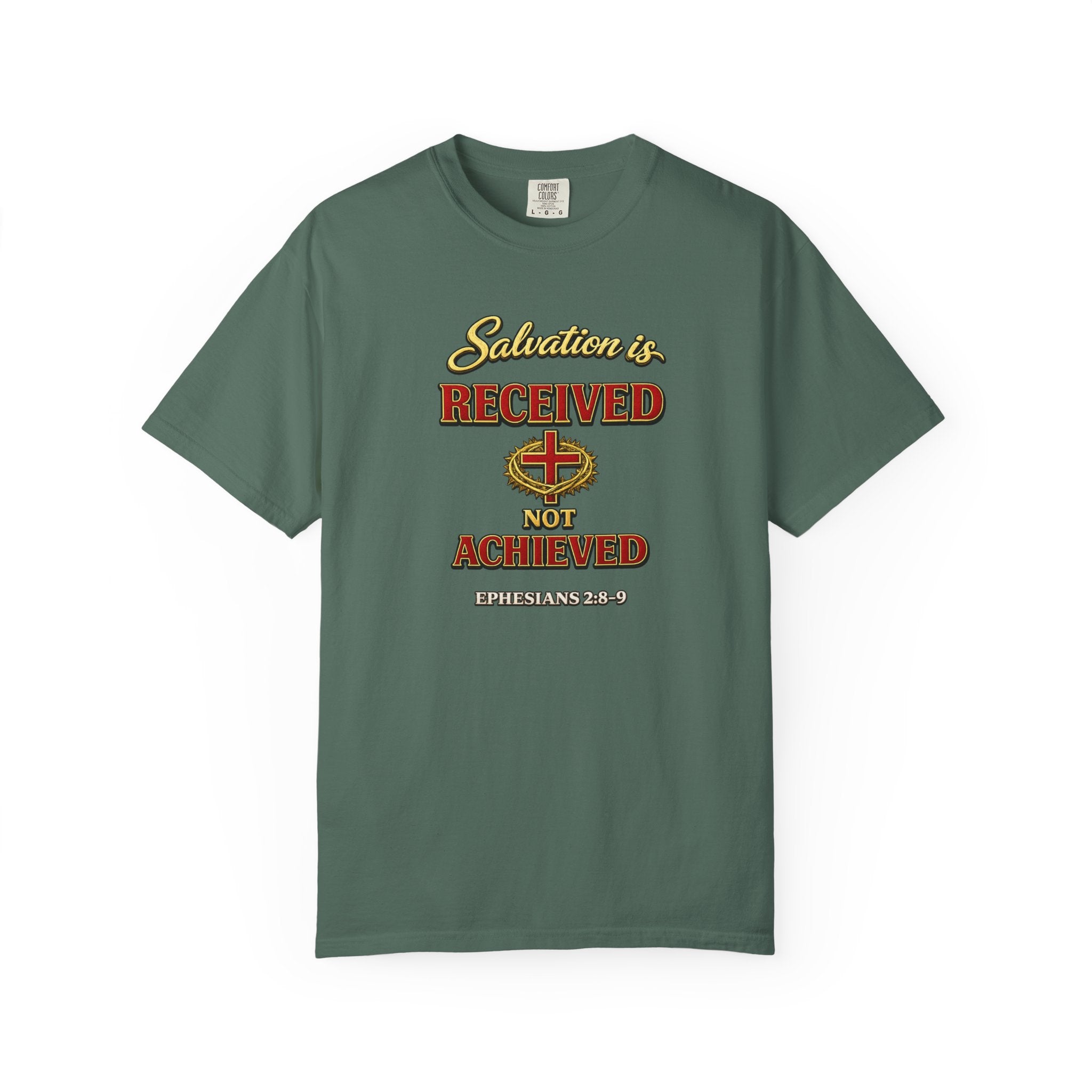 Faith T-Shirt — "Salvation Is Received Not Achieved" Christian Graphic Tee (Full Armor of God)