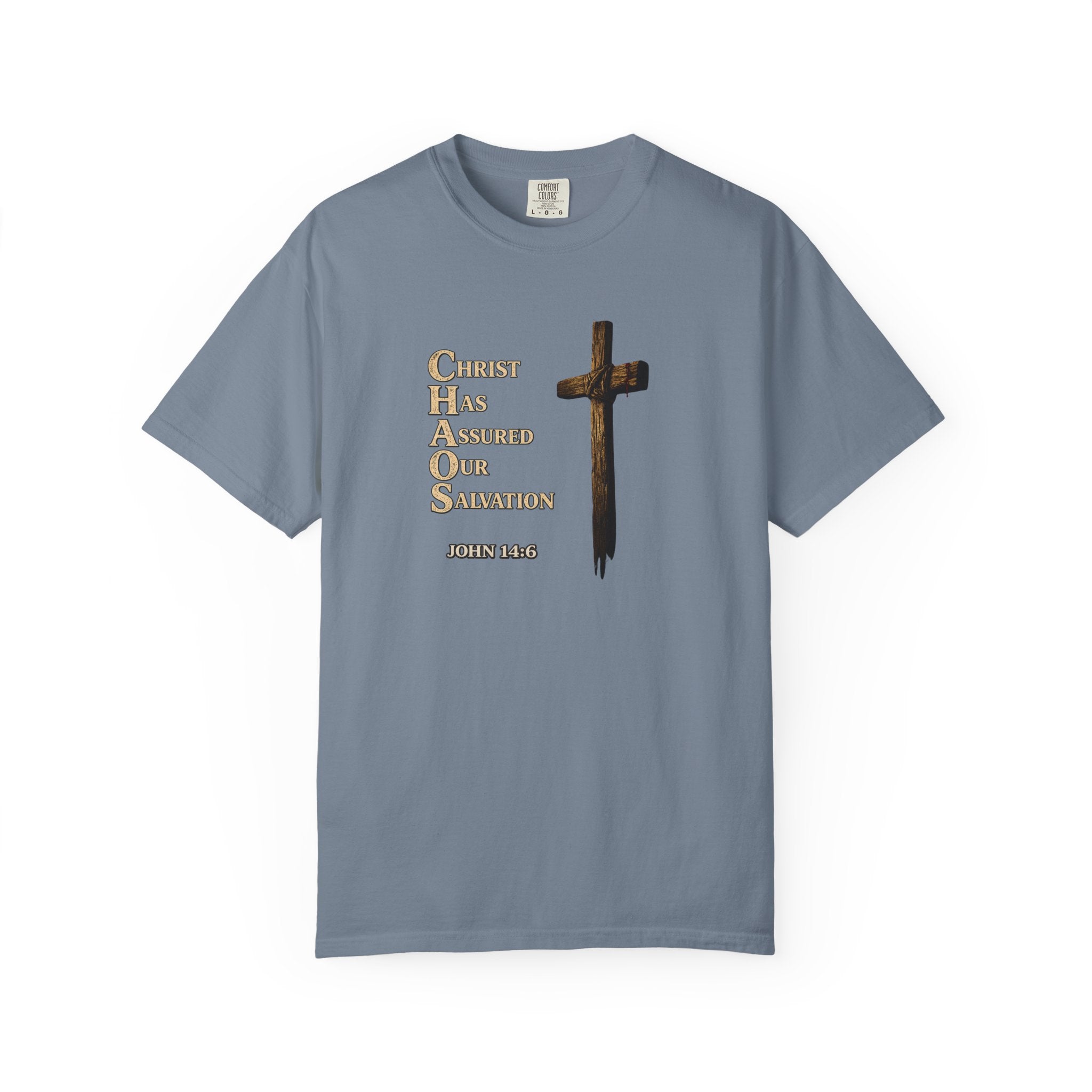 Christian Cross T-Shirt — "Christ Has Answered Our Salvation" Faith Tee (Back: "Full Armor of God")